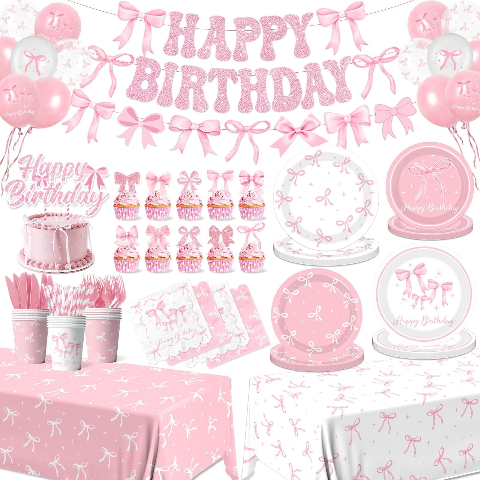 Pink Bow Birthday Party Supplies Serve 24, Coquette Birthday Decorations Include Bow Plates Napkins Cups Banner Tablecloth Cake Topper Balloons Bow Theme Tableware for Girls Bachelorette Decor