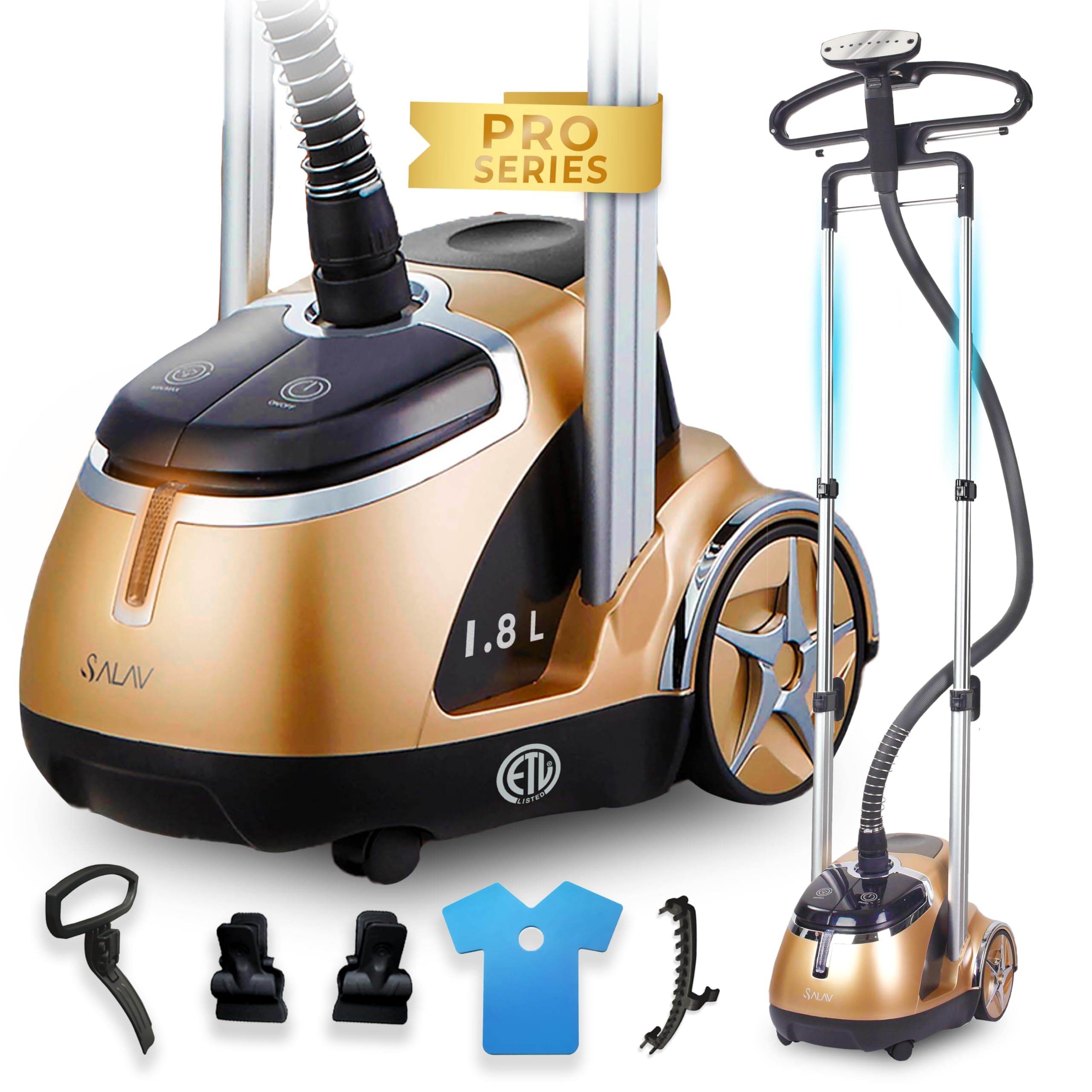 SALAV Limited Edition Professional Series Dual Bar Garment Steamer with Foot Pedals, GS49-DJ Gold