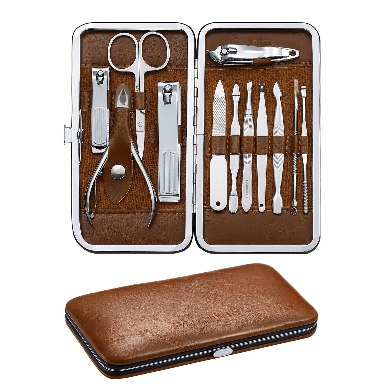 Manicure Set, Professional Nail Kit Nail Clipper Set, 12PCS Stainless Steel Manicure Kit, with Brown Leather Travel Case Luxury Gifts for Him