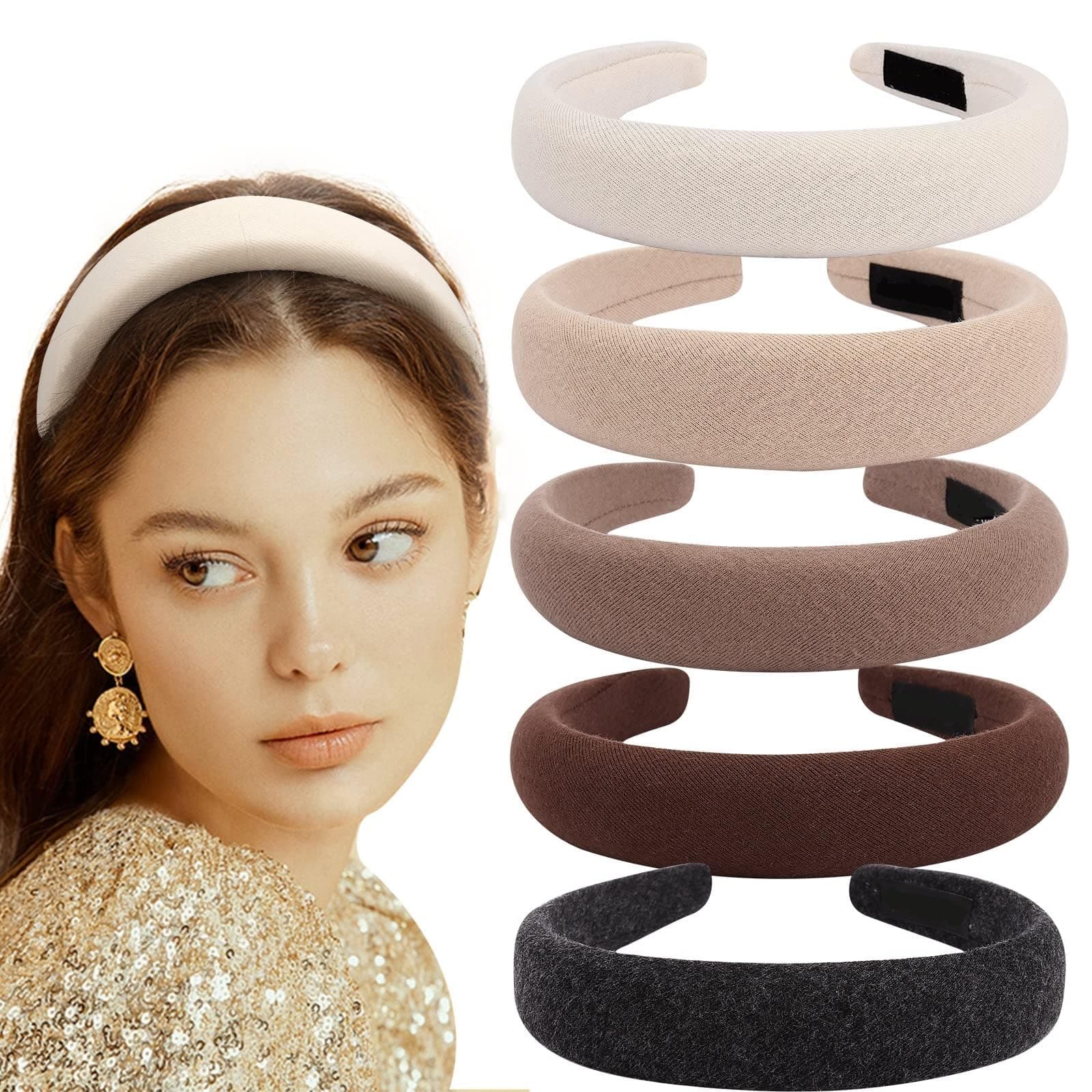 5 Pack Headbands for Women, Sponge Headbands Padded Headbands with Soft Fabric Plain Head Bands for Women's Hair, Fashion headbands Thick Headbands for Girls Hair Accessories for Women