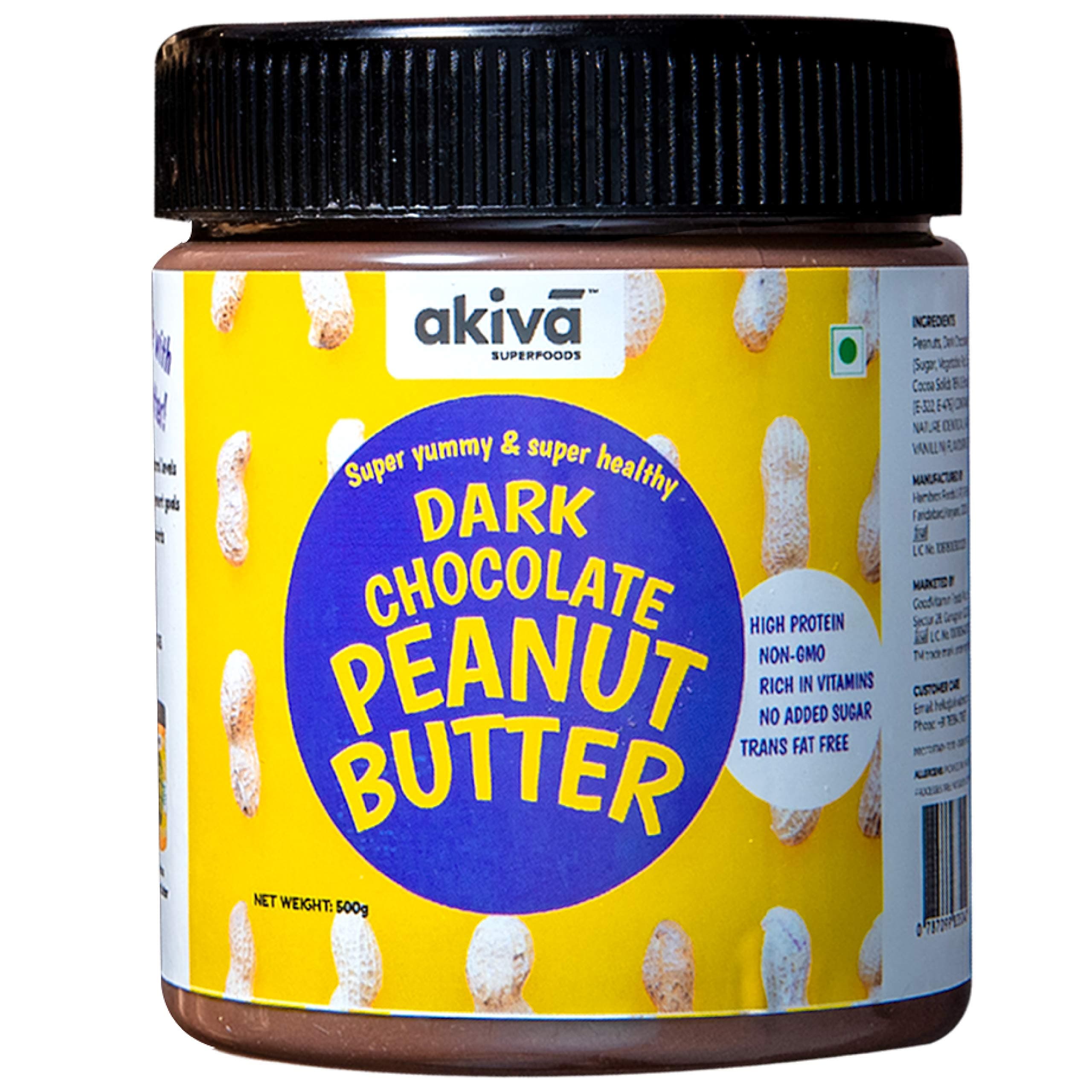 Akiva Superfoods Dark Chocolate Peanut Butter, 500 Grams - High Protein, No Added Sugar, Low Carb, Gluten-Free and Keto Friendly Diet - Superior Tasting Premium Chocolate Spread