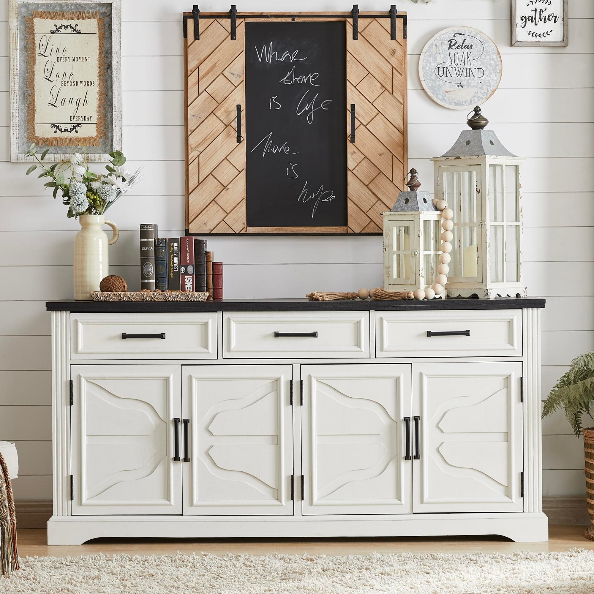 JXQTLINGMU Farmhouse Sideboard Buffet Cabinet, 66" Wide Kitchen Storage Cabinet with Doors and Drawers, 32" Tall Wood Coffee Bar Table, Off White