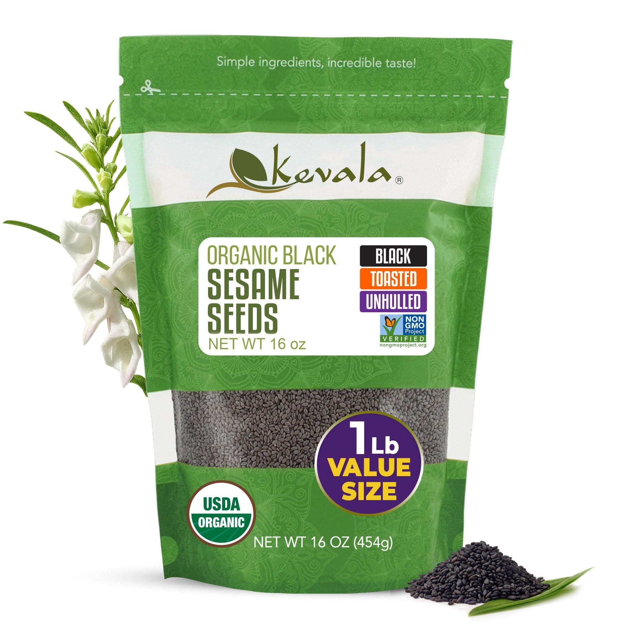 Kevala Organic Black Sesame Seeds - 1Lb (Toasted)