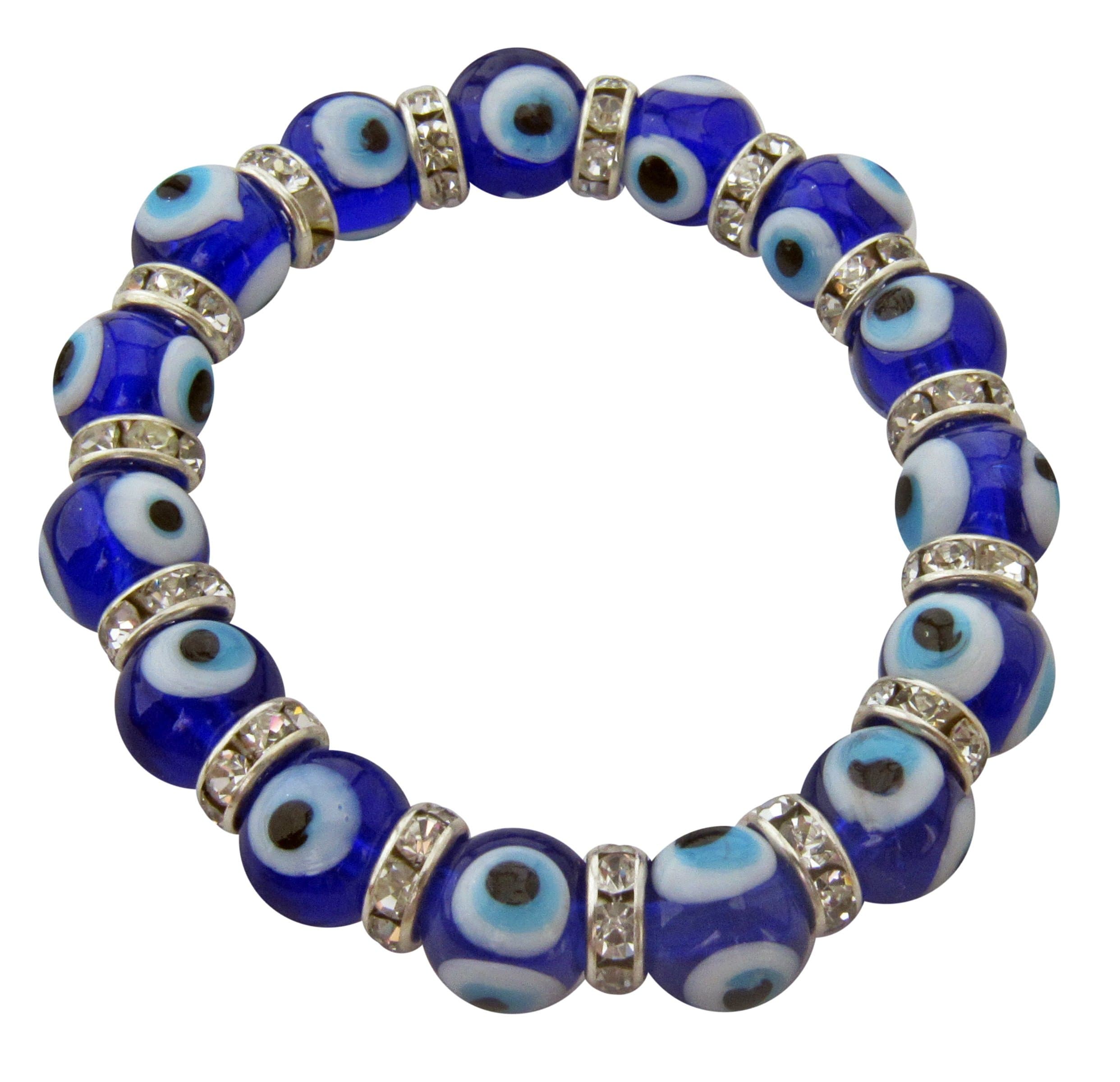 Evil Eye Stretch Charm Girls Bracelet with Navy Blue Murano Glass Beads and Zircon Crystals