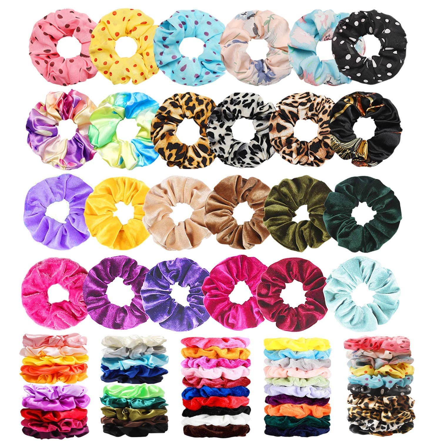 CENTSTAR 75 Pcs Velvet Hair Scrunchies Silk Scrunchies Chiffon Flower Hair Bands for Women or Girls,Great Gift for Birthday ，Party,hanksgiving，Christmas,75 Color Scrunchies,CENTSTAR hair-50-24