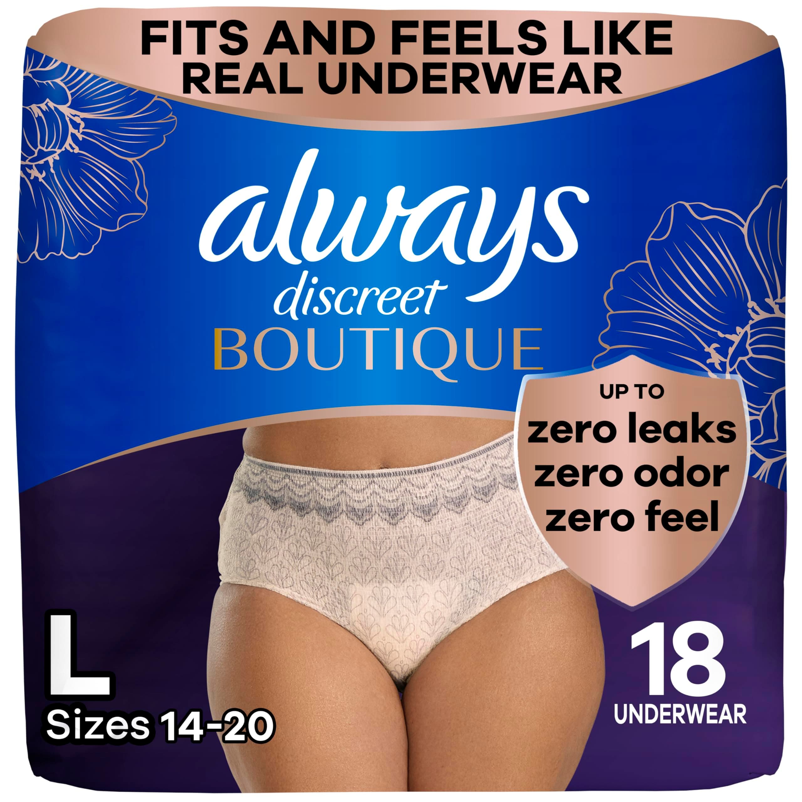 Always Discreet Boutique, Incontinence & Postpartum Underwear for Women, Maximum Protection, Peach, Large, 18 Count (Pack of 1)
