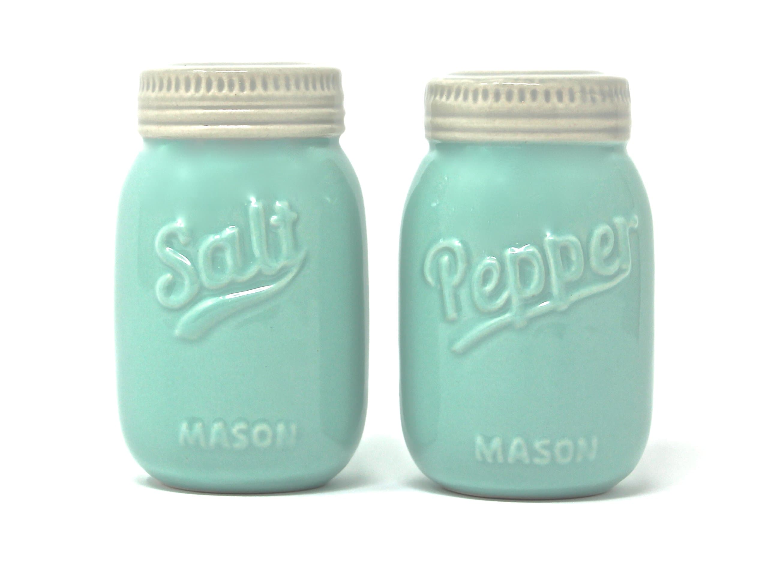 Vintage Mason Jar Salt and Pepper Shakers - Rustic, Farmhouse, Shabby Chic Mason Jar Decor - Mint Blue Sturdy Ceramic Shakers make for Adorable Decorative Farmhouse Kitchen Decor
