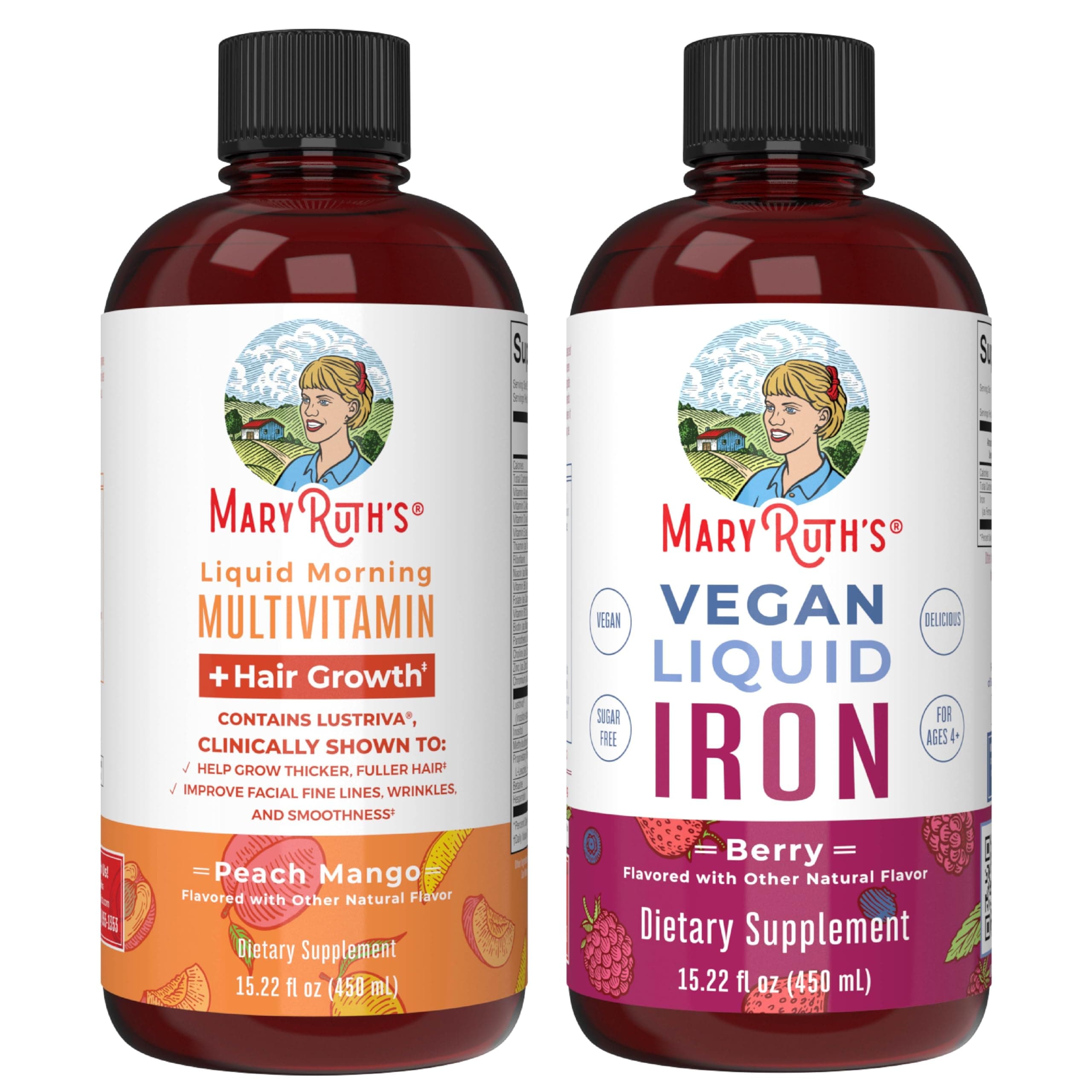 MaryRuth's Liquid Morning Multivitamin +Hair Growth (Peach Mango, 15.22oz) & Iron Liquid (Berry) | Clean Label Project Verified® | Beauty, Immunity, & Overall Health | Vegan, Non-GMO