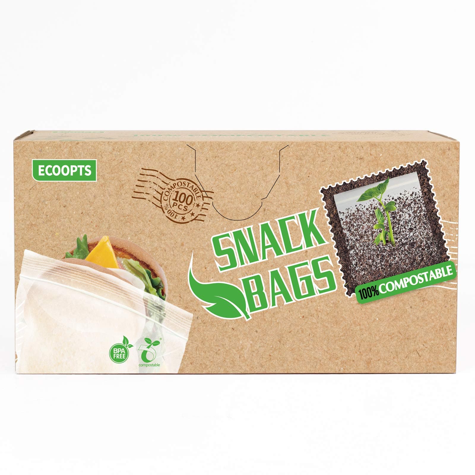 100 PCS Compostable Snack Bags - Ultra Strong Ziplock Bags (6.3x4 in)