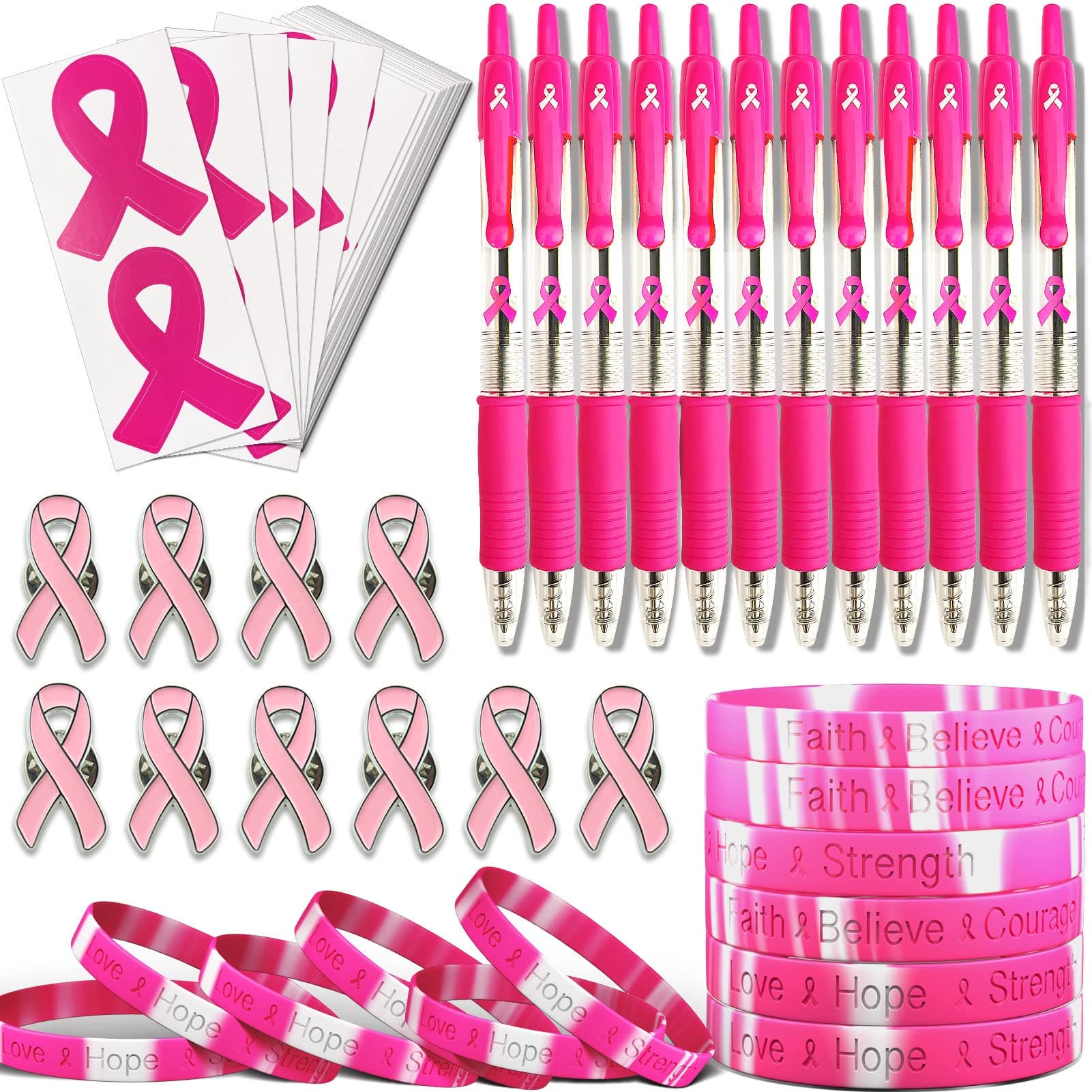 Total 82 Pcs Breast Cancer Awareness Accessories Pink Ribbon Stuff Support for Breast Cancer Survivors, Giveaways on Pink Theme Campaigns Sports Tournaments
