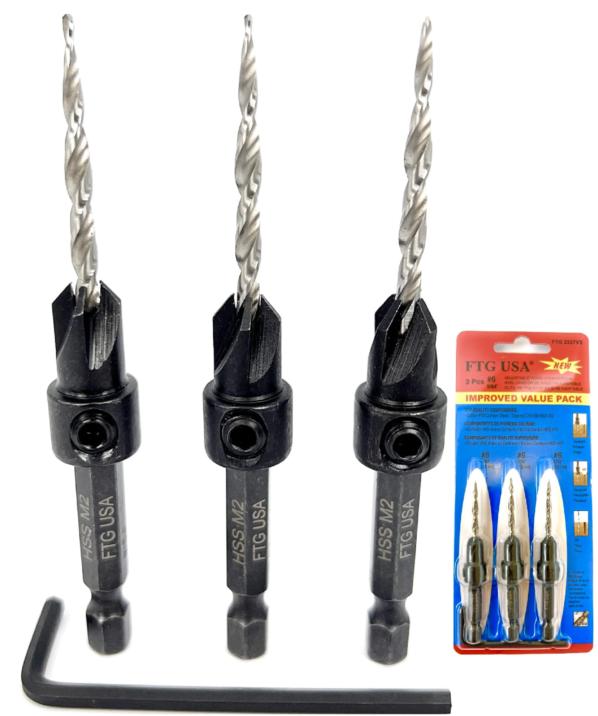 FTG USA 3 Pc #6 (9/64") Countersink Drill Bit Set with Tapered Drill Bits for Woodworking