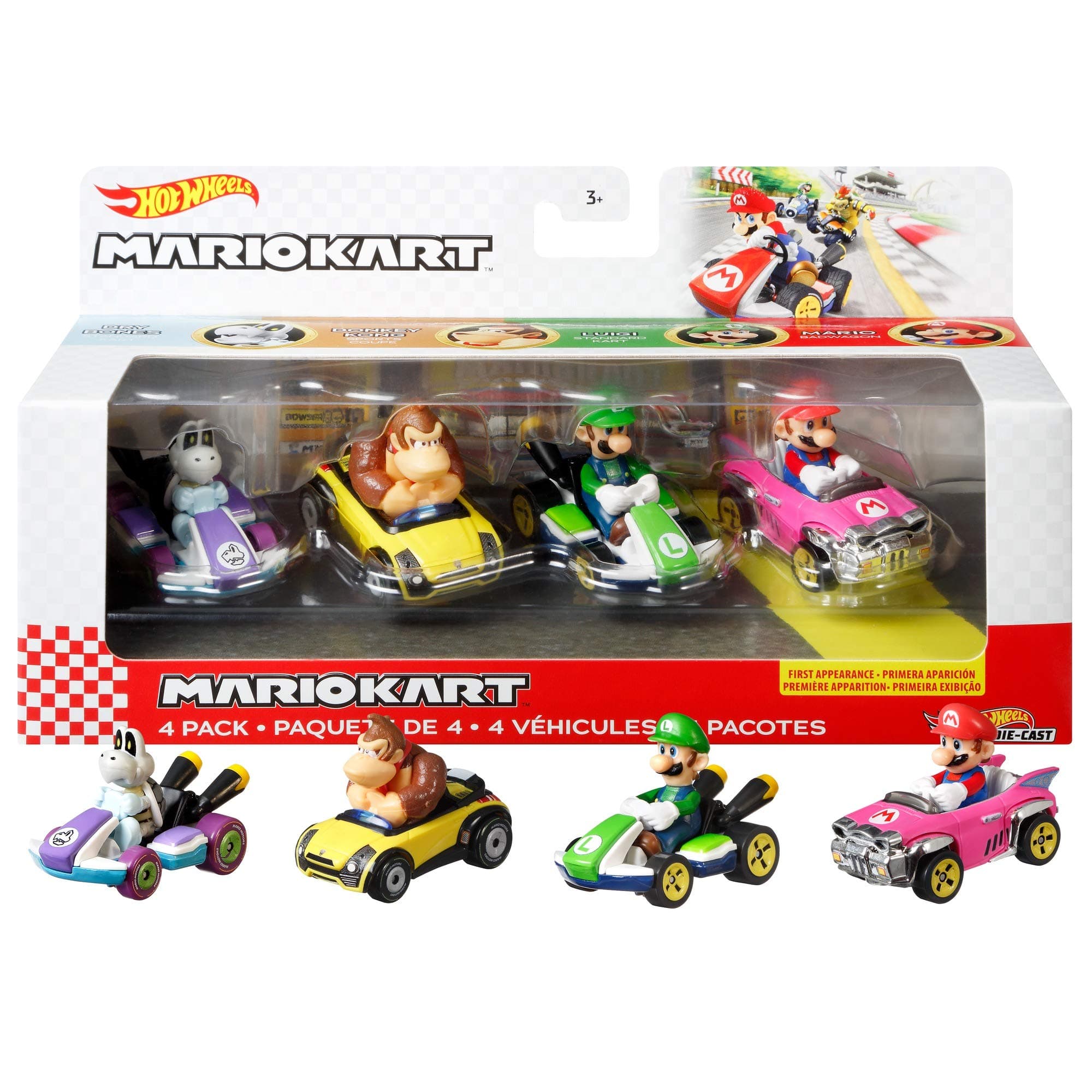 Hot Wheels 986A-GWB36 Mario Kart, 4-Pack A Set [Limited Mario with Bad Wagon Included]