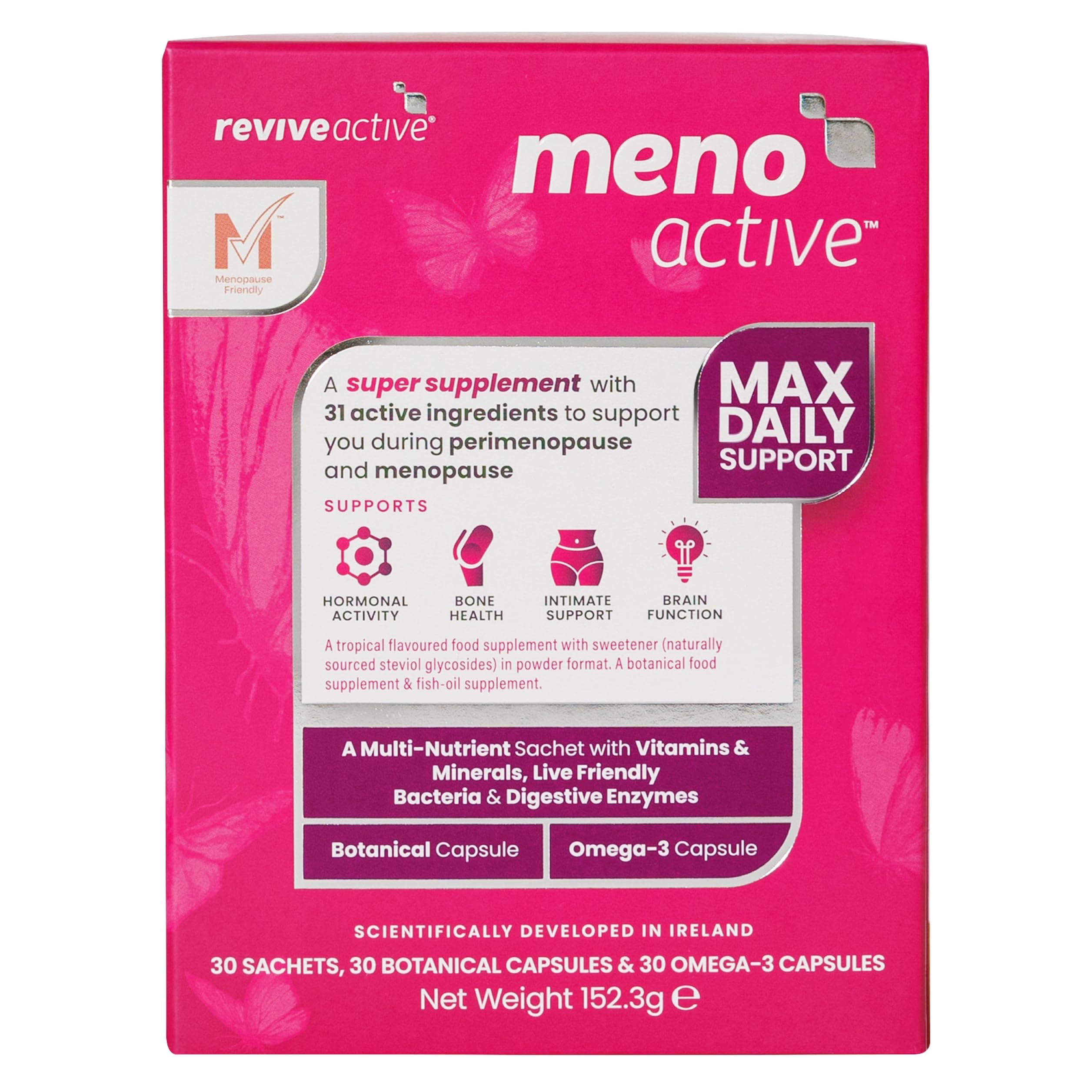 Meno Active Supplement - Support for Menopause and Post-Menopause - Multi-Nutrient Sachet with Vitamins & Minerals, Omega-3 & Botanical Capsule Support for Women - 30 Day Supply