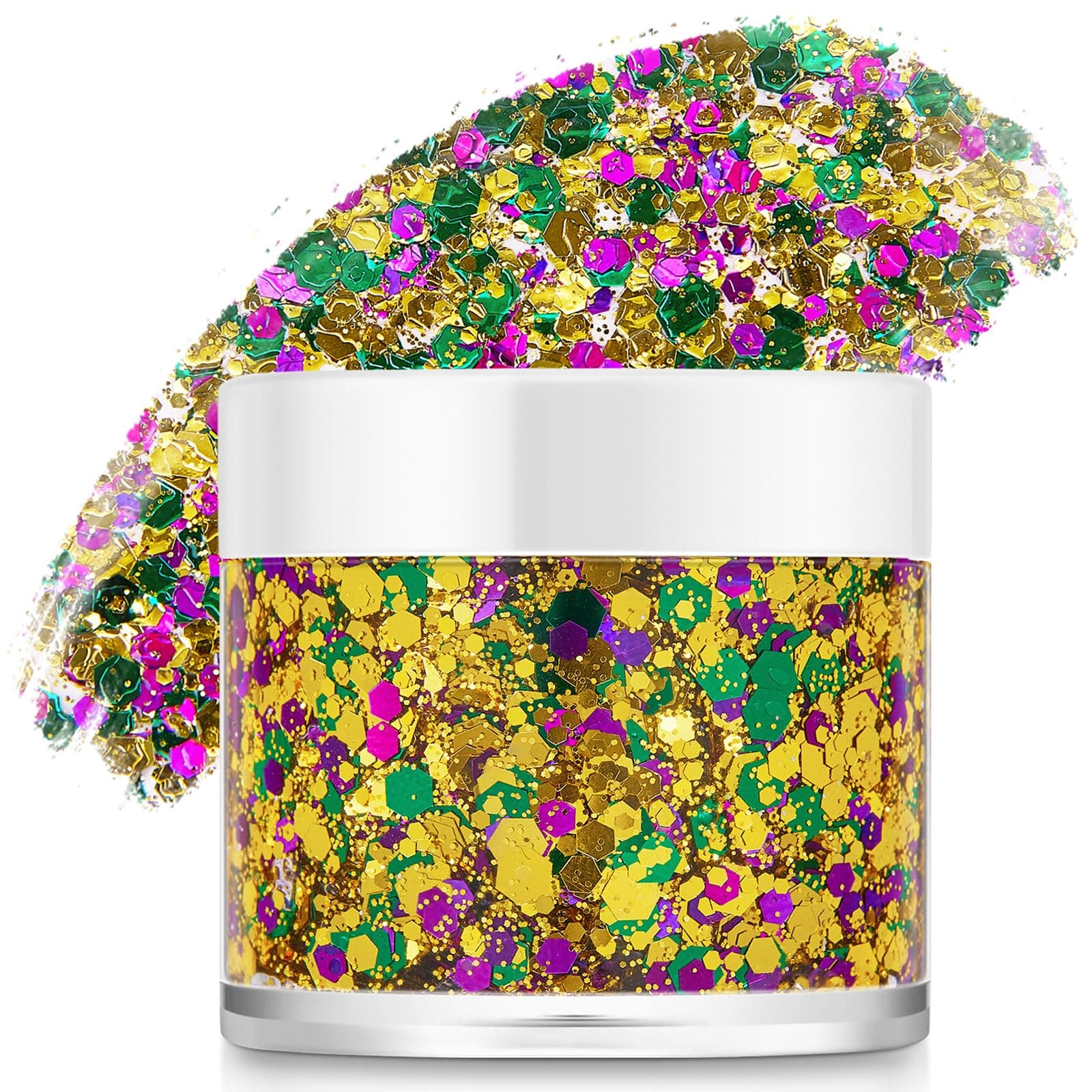 Mardi Gras Gold Hair Face Glitter,Mardi Gras Outfit for Women,Green Purple Gold Mixed Holographic Self-Adhesive Body Glitter,Festival Chunky Sequins Carnival Costume New Orleans Decorations