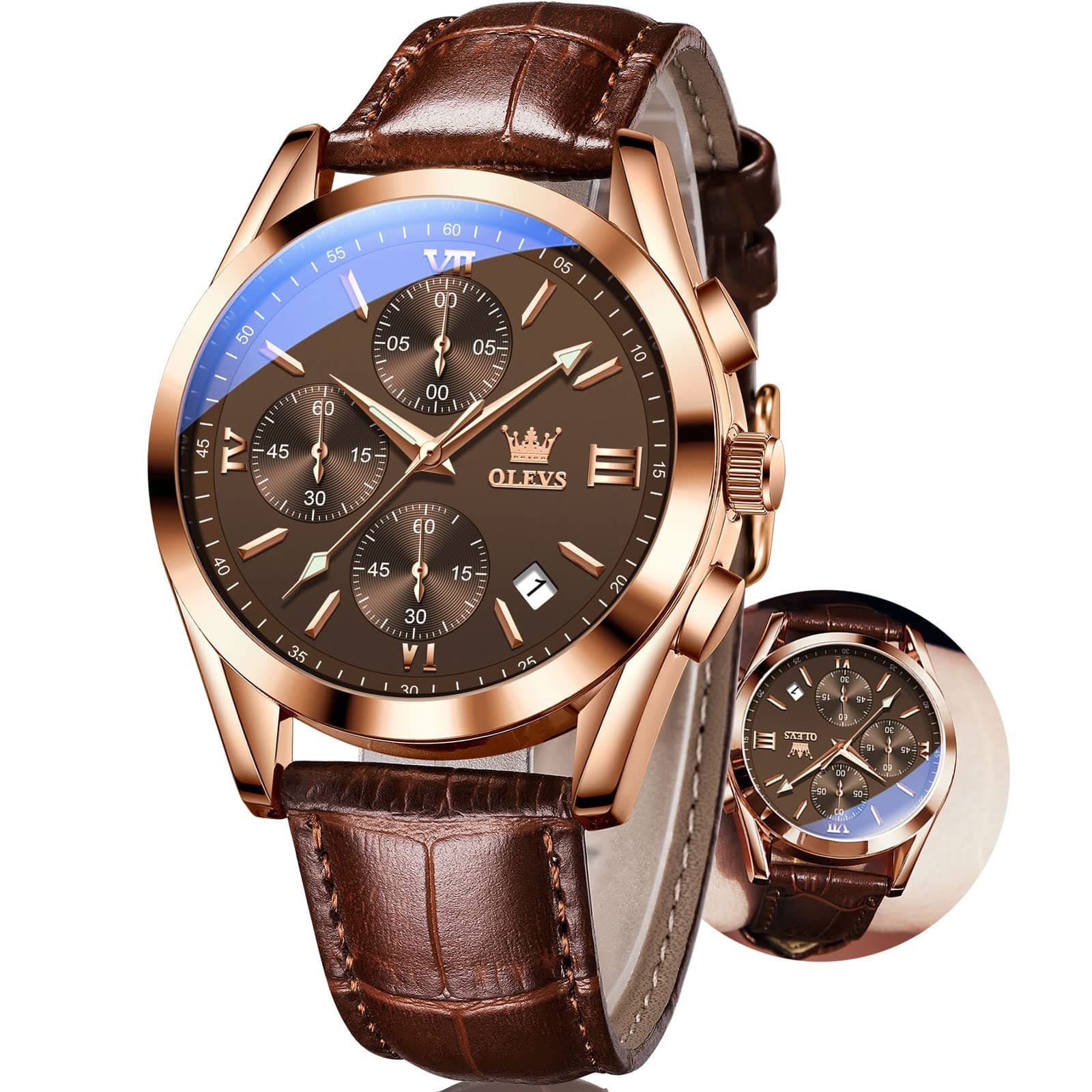 Men's Watches Brown Leather with Date,Casual Watches for Men,Large Face Watches Men,Chronograph Mens Watch,Sport Waterproof Business Dress Analog Quartz Men's Wrist Watches Reloj De Hombre