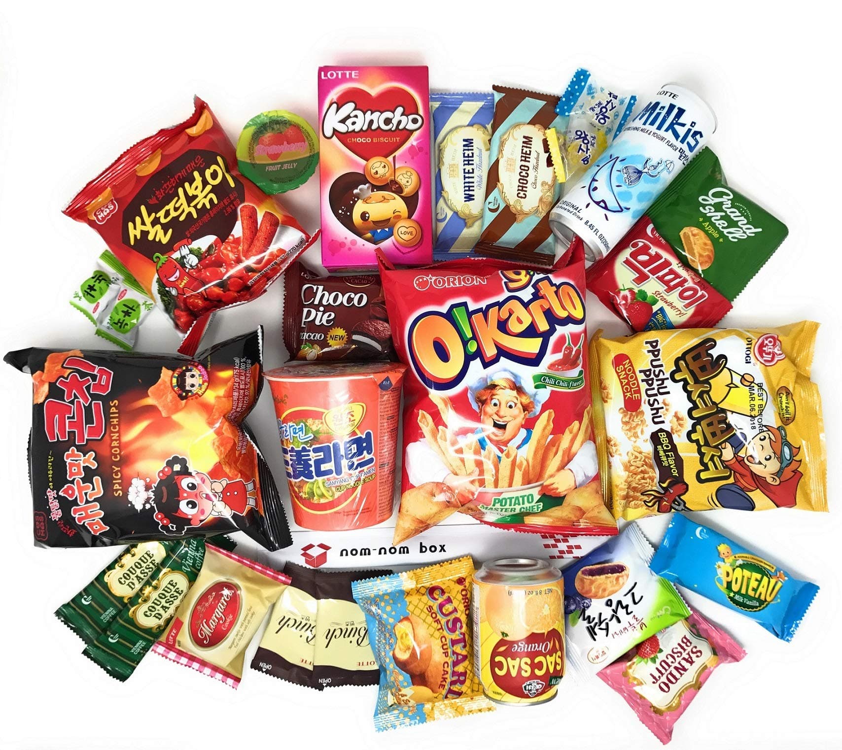 Ultimate Korean Snack Box (25 Count) - Variety Assortment of Korean Snacks, Chips, Cookies, Candies | Nom Nom Box