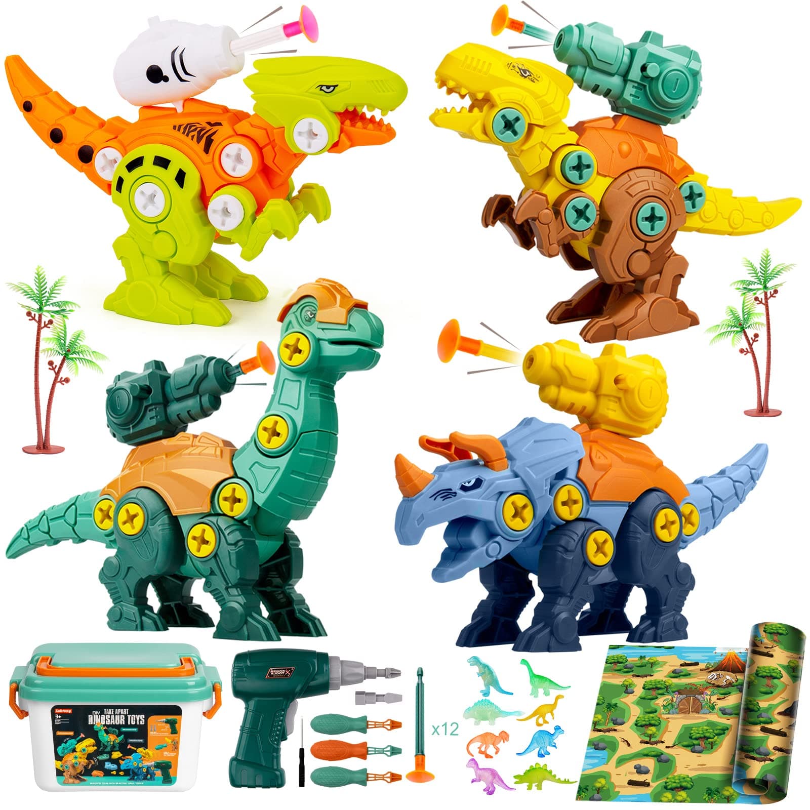 Dinosaur Toys for Boys, SPLAKS 4-Pack Dinosaur Construction Toys Boys Toys with Storage Box Electric Drill Soft Arrows, Educational STEM Toys Gift for Kids Age 3-6