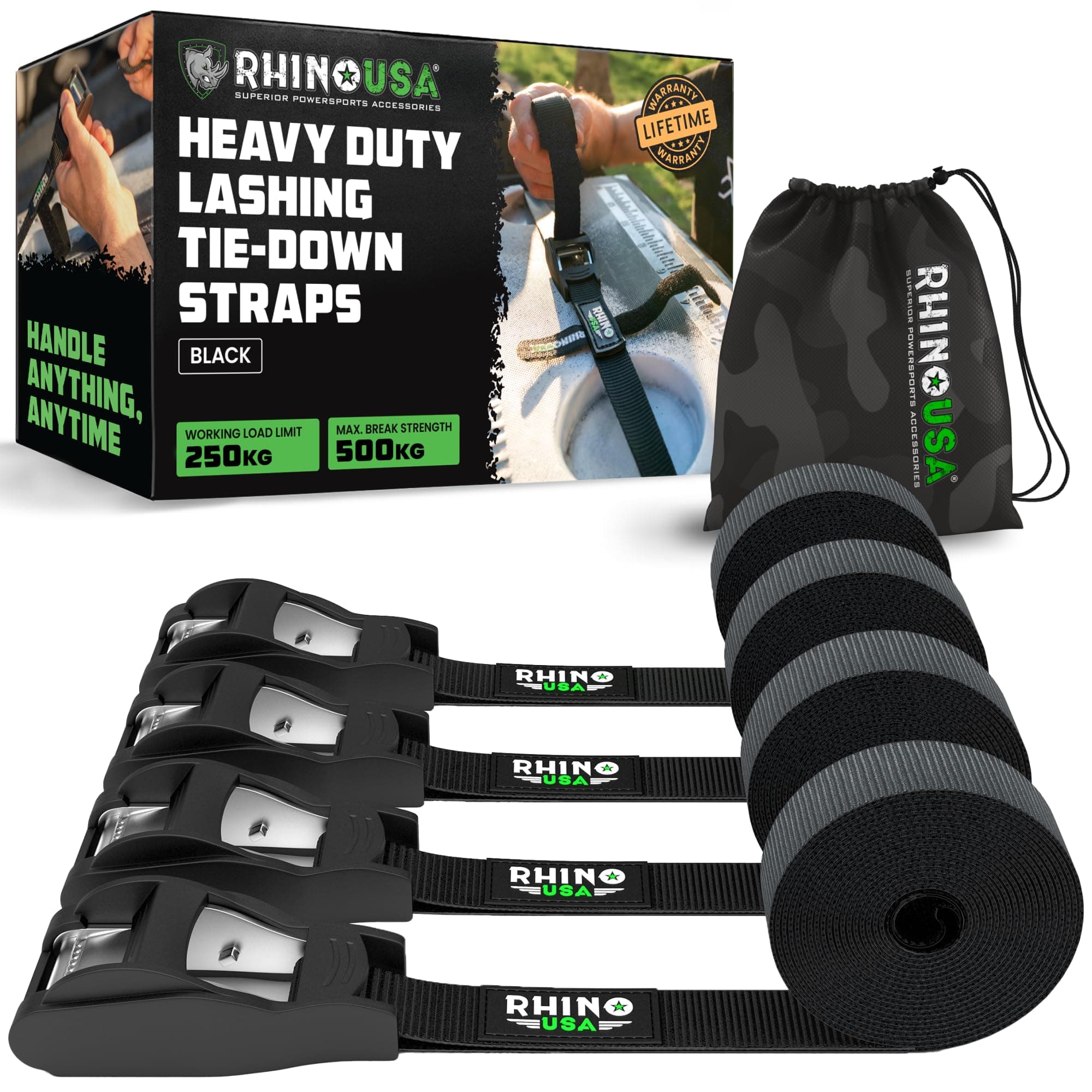 Rhino USA Tie Down Lashing Straps (4PK) - 500 kg Guaranteed Max Break Strength - Includes (4) Heavy Duty 2.5 cm x 3.6 m Pull Cam Buckle Straps - Best for Securing Cargo, Kayak, Cooler, Roof Rack, Etc