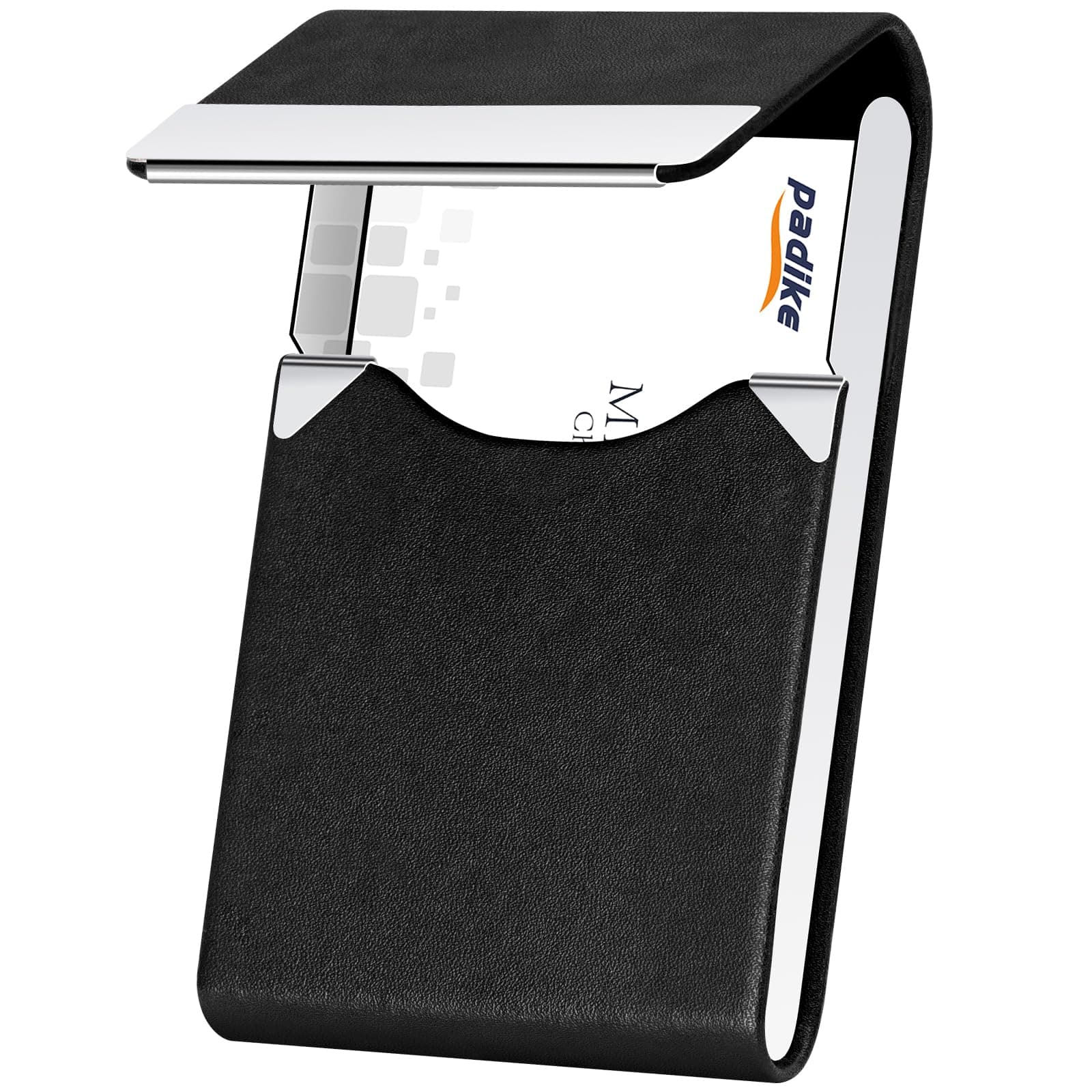 Padike Professional Business Card Holder PU Leather Business Card Case Name Card Holder Slim Metal Pocket Card Holder with Magnetic Shut (Y-Black)