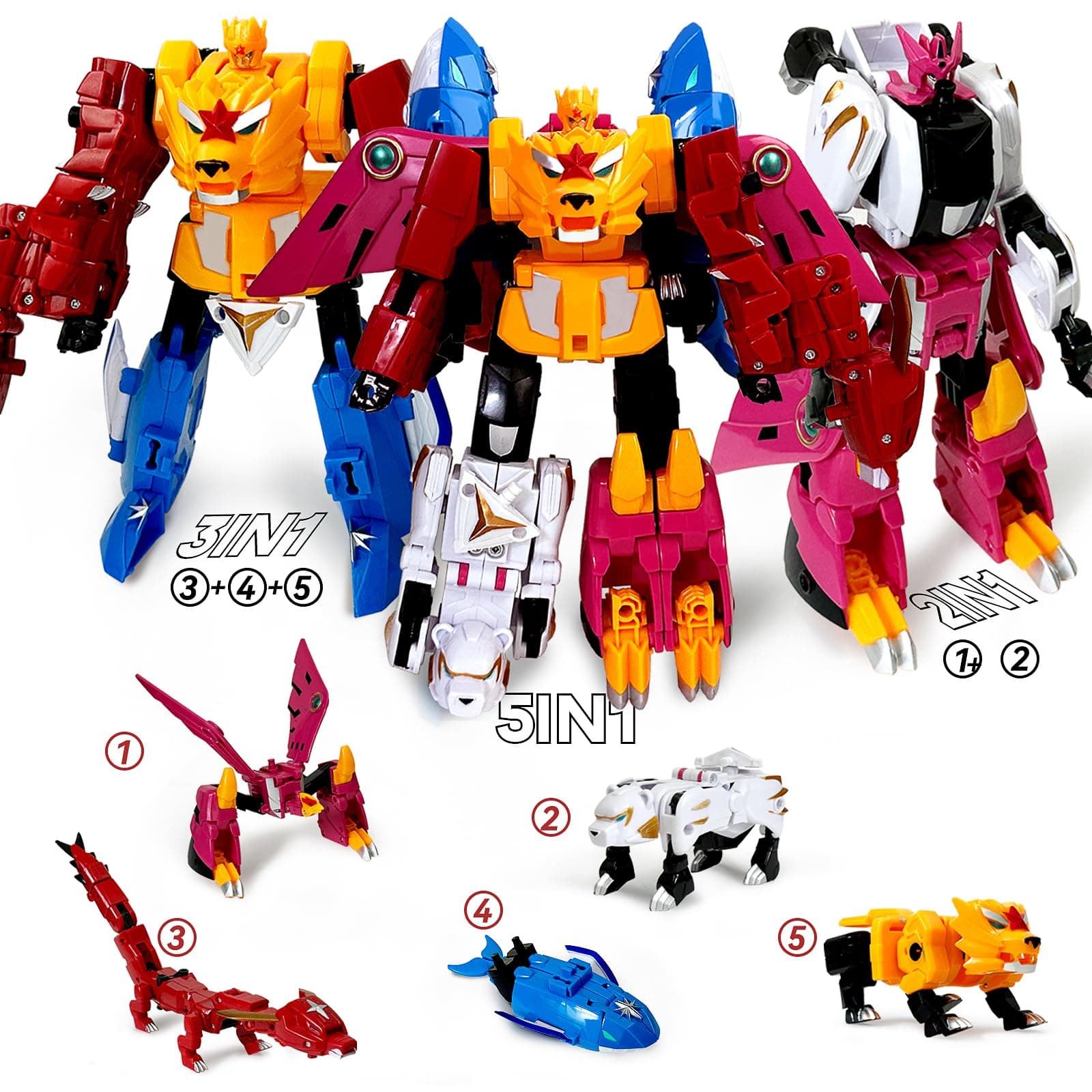 5-in-1 Animal Deformation Toys - Lion, Dragon, Whale, Phoenix, and Bear Action Figures Combine into a Robot Toy for Kids 6-10