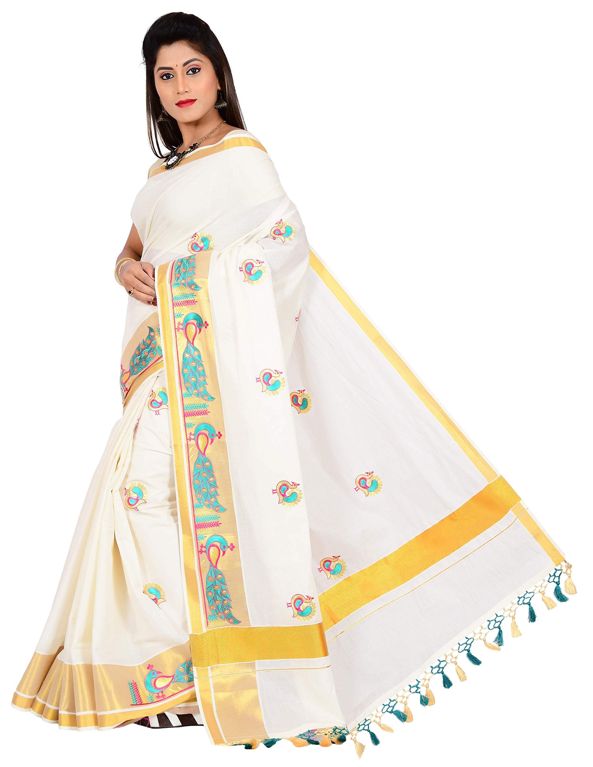 JISB Women's Kerala Kasavu Embroidered Saree(TJT01422, Off white)