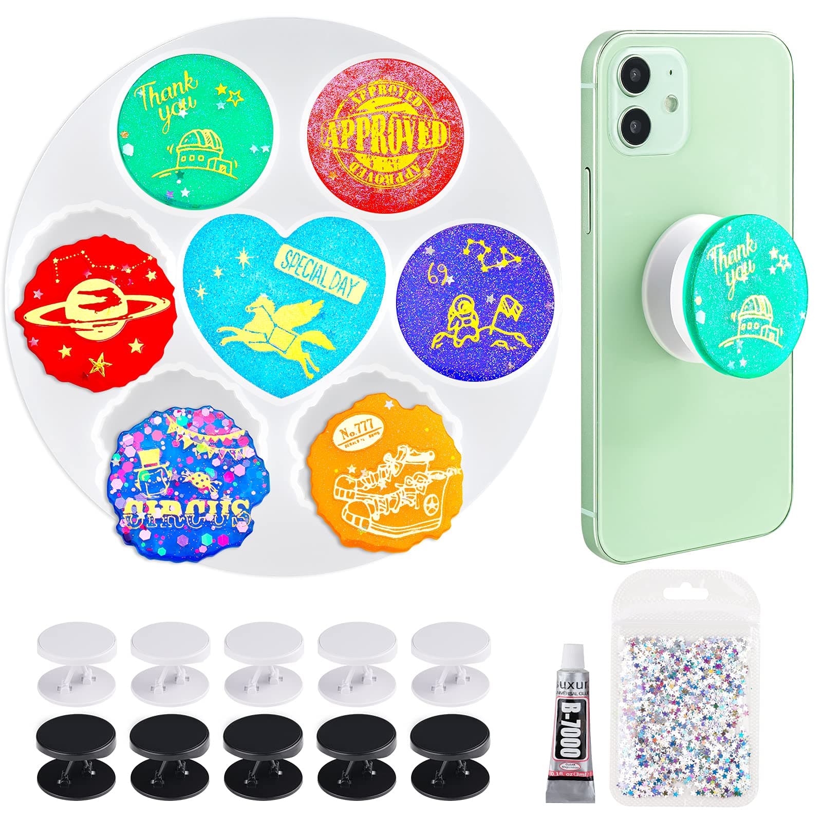 NiArt Phone Grip On Top Epoxy Resin Casting Kit - 7 Shapes Silicone Molds, 10 Expandable Stand Bases, Glue, Star Sequins - DIY Holder Socket Art Craft, Keychain, Jewelry, Pendant Making Supplies