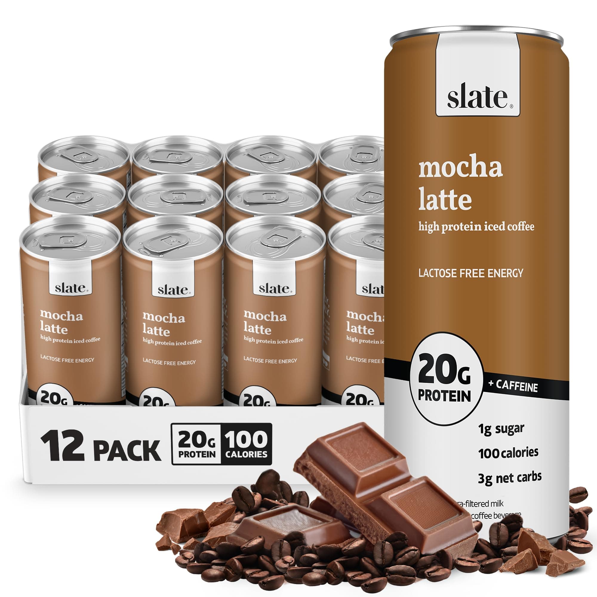 Slate Milk - High Protein Iced Coffee - Mocha Latte - 175mg Caffeine, Lactose Free Energy - 20g Protein, 1g Sugar, 100 Calories, 3g Net Carbs, No Sugar Added - Protein Coffee - 11 fl oz, 12 Cans