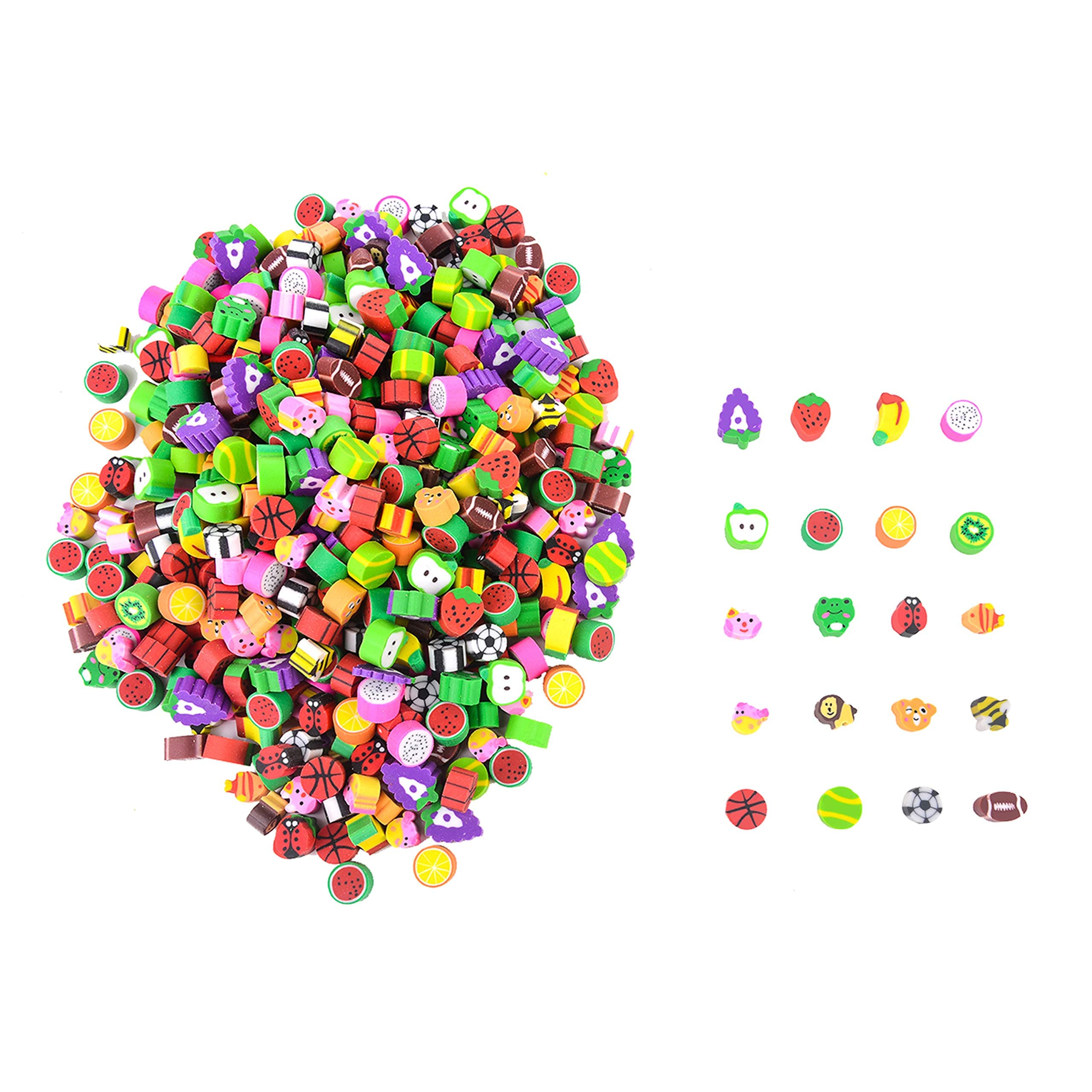 500 Miniature Novelty Fruit & Animal Erasers for Kid Party Favors Art Supplies Math Counters