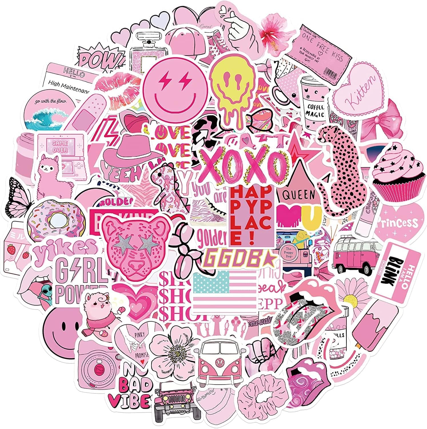 102 Pcs Preppy Vinyl Sticker Aesthetic Waterproof Sticker Adorable Decor Supplies Pink Party Suitable for Mobile Phone Computer Skateboard Water Bottle Suitcase Car etc