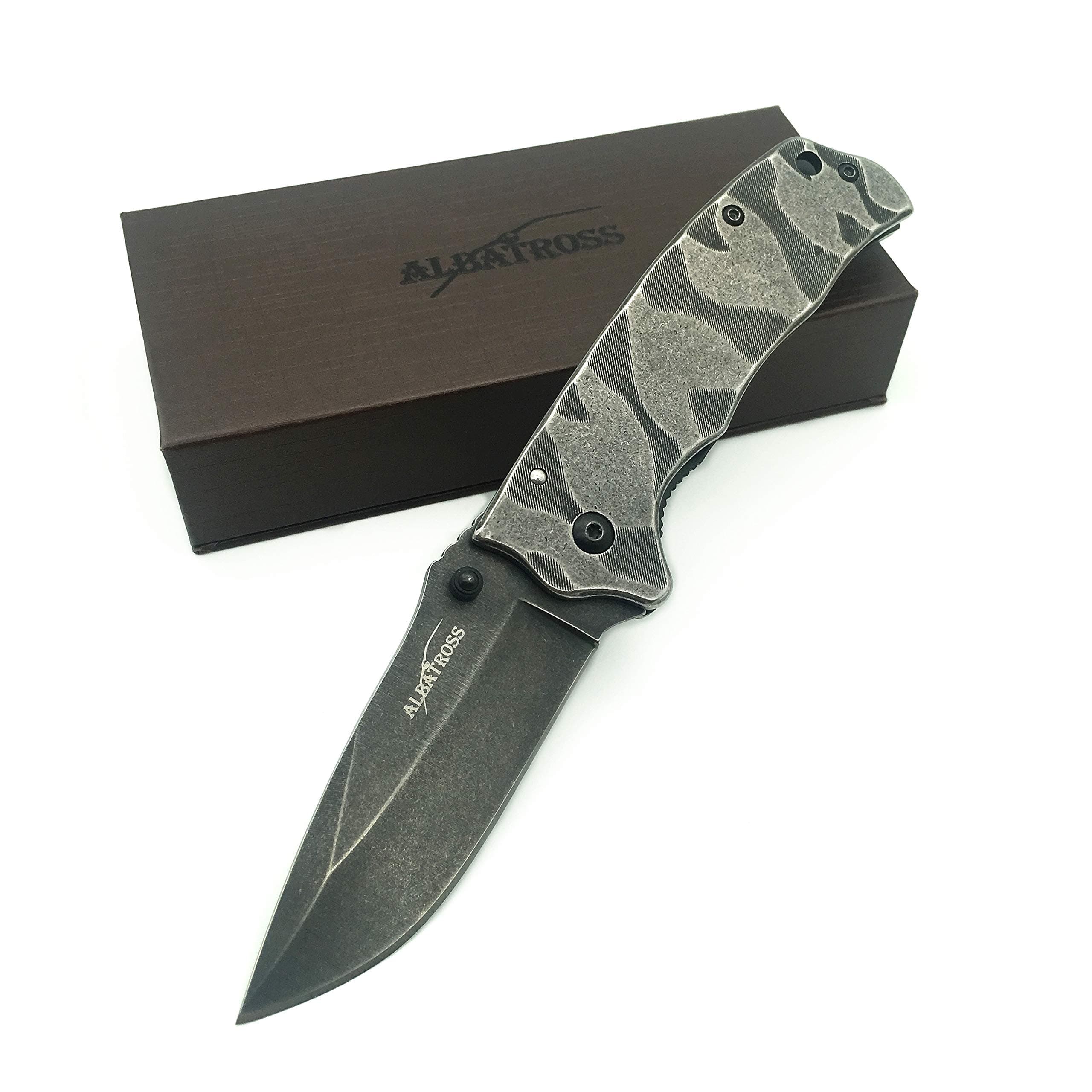 ALBATROSS Retro Gray Washed 440C Stainless Steel Camping Folding Pocket Knife with Liner Lock - 7.15" Overall - Gifts Box (FK014)