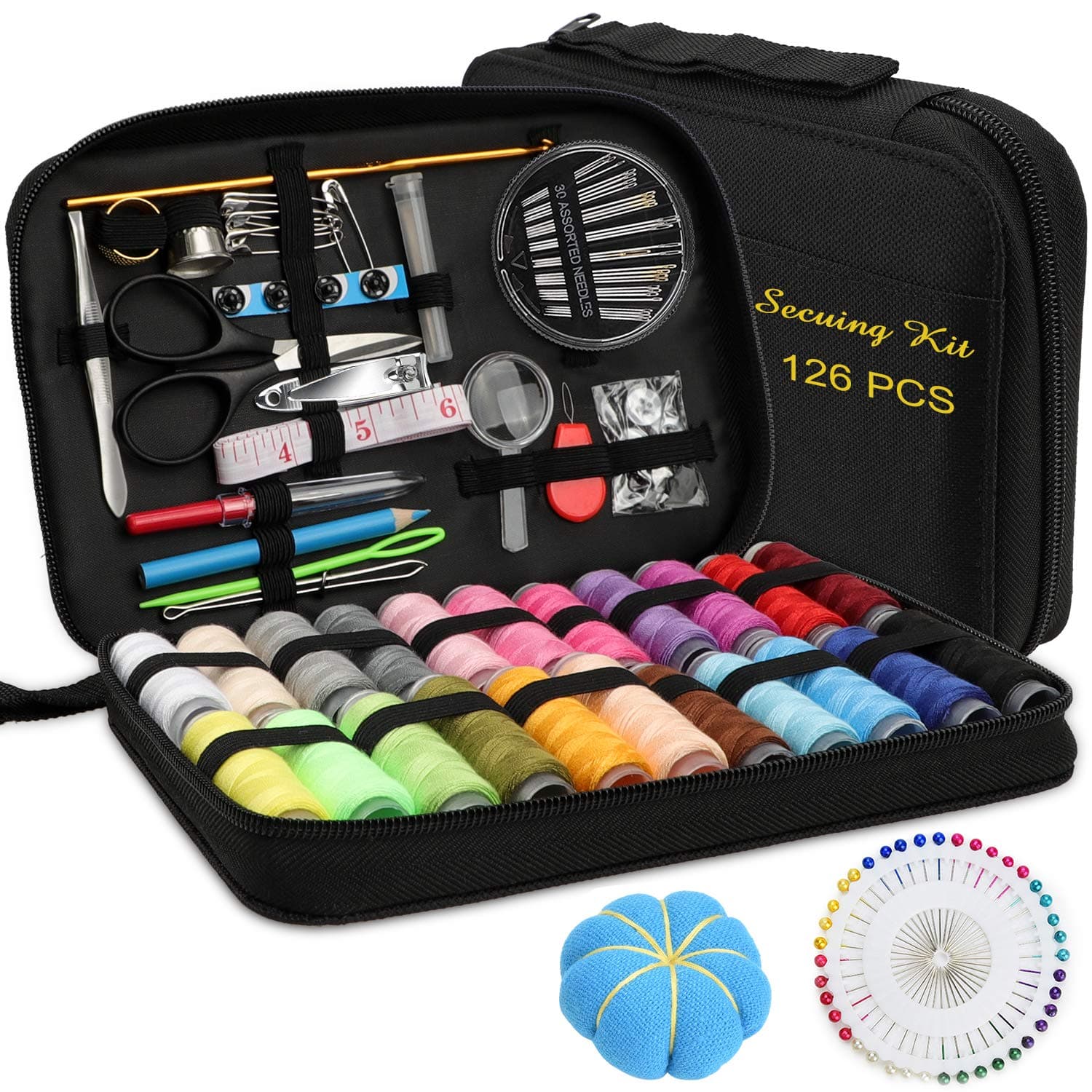 Sewing KIT, DIY Sewing Supplies with Sewing Accessories, Portable Mini Sewing Kit for Beginner, Traveller and Emergency Clothing Fixes, with Premium Black Carrying Case (B)