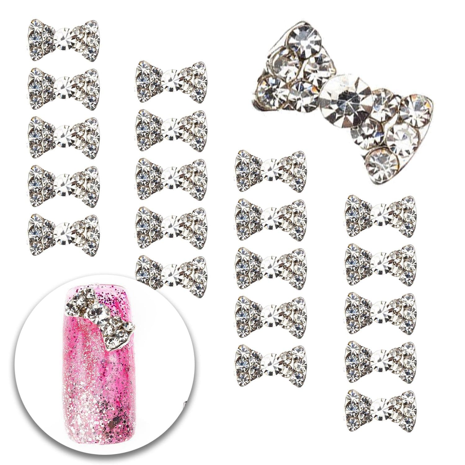 3D Nail Art Manicure Designs Set of 20pcs Bowties Bow Ties Shaped Decorations Studded With Clear Crystals Rhinestones Gems
