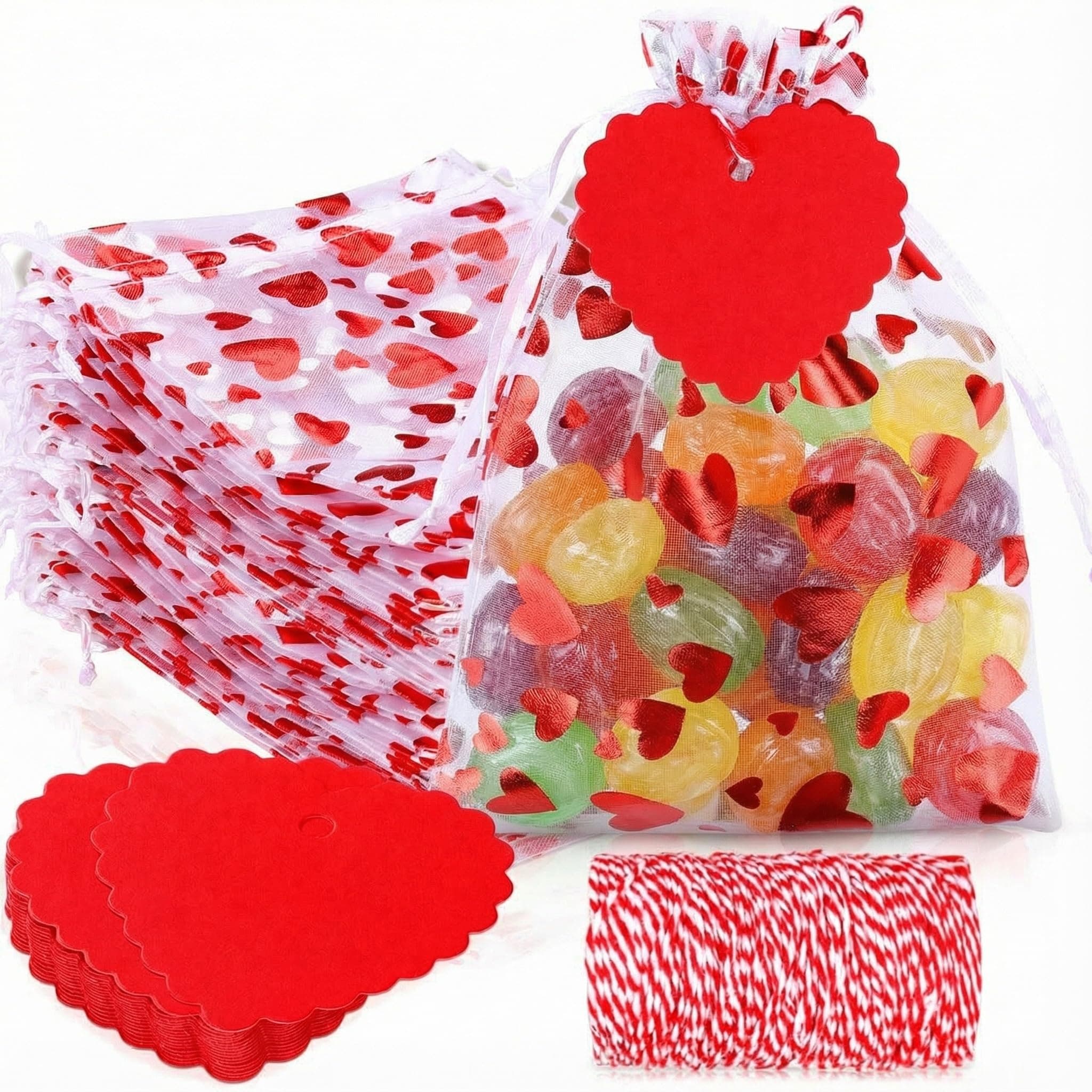 Shappy 100 Pcs Valentine's Day Heart Gift Bags and 100 Pcs Kraft Paper Tags Red Valentine Treat Candy Bag Drawstring Pouches Heart Shaped Paper Tag Name Labels with String for Present(5 x 7 Inch)