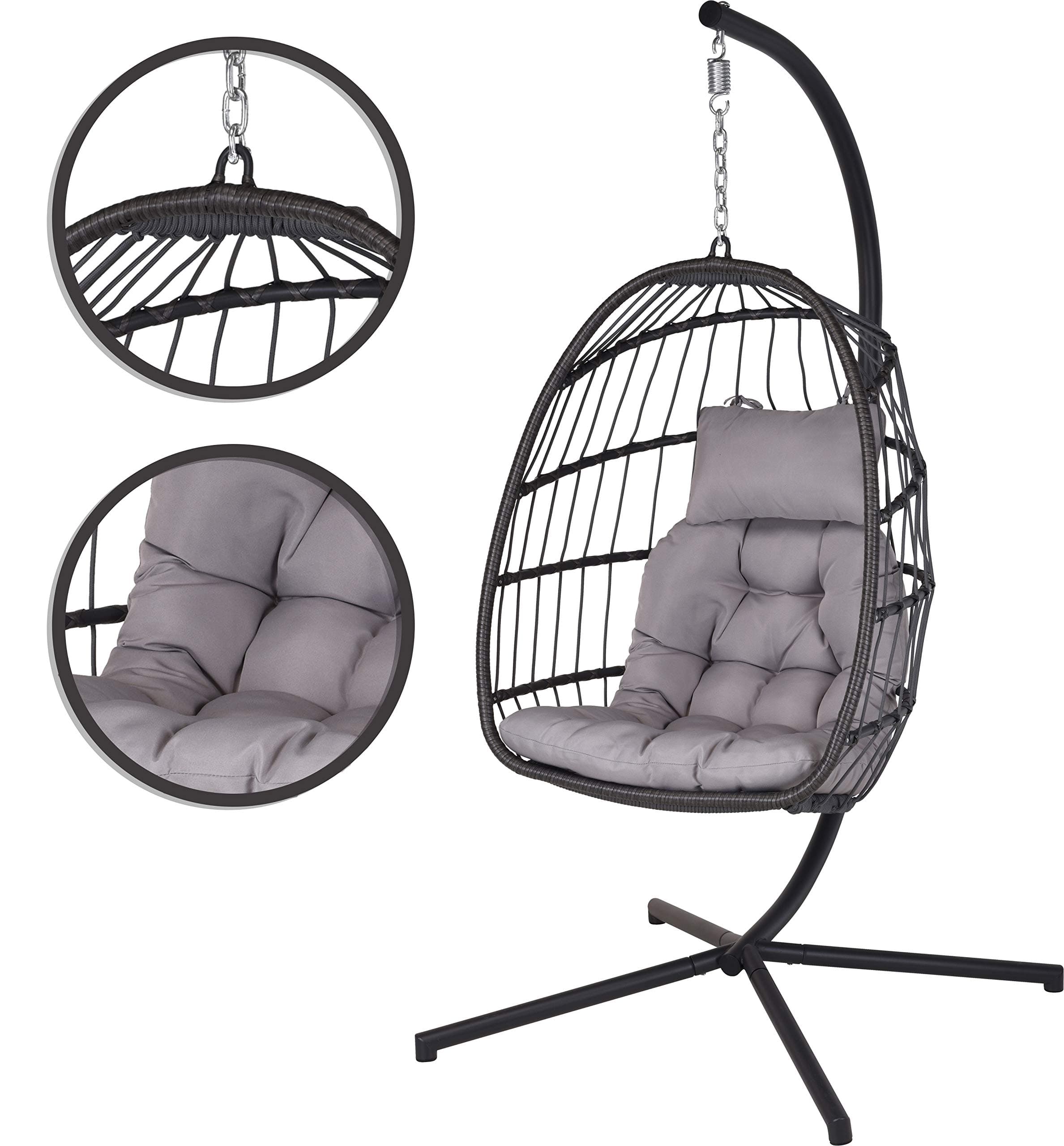 idooka Outdoor Garden Rattan Weave Egg Chair Cocoon Patio Seat Hanging Stand with Spring Folding Hammock Style with Water-resistant Grey Cushion for patio and balconies