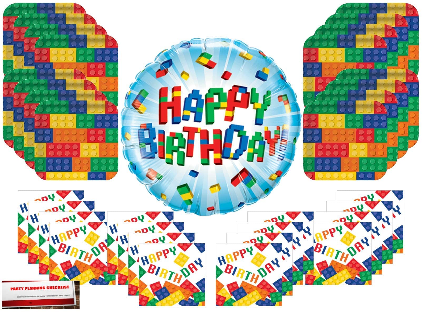 Building Blocks Birthday Party Supplies Bundle Pack for 16 with 18 Inch Balloon (Plus Party Planning Checklist by Mikes Super Store)