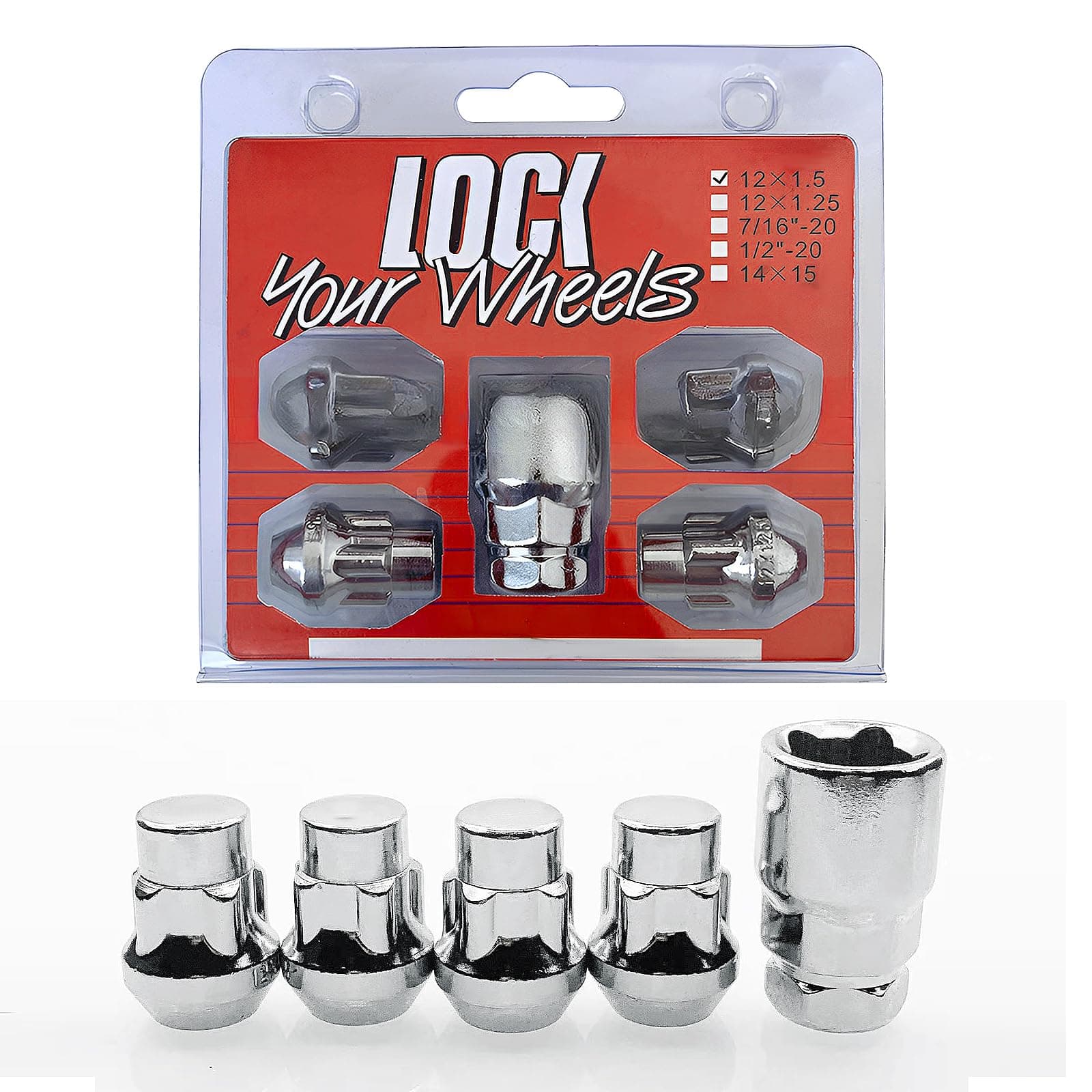 Set of 5 Locking Wheel Nuts M12 x 1.5 with Key Kit Wheel Lock Tyre Anti-theft Screw Wheels Socket Tool for Ford Toyota Nissan Honda Mazda Chrome