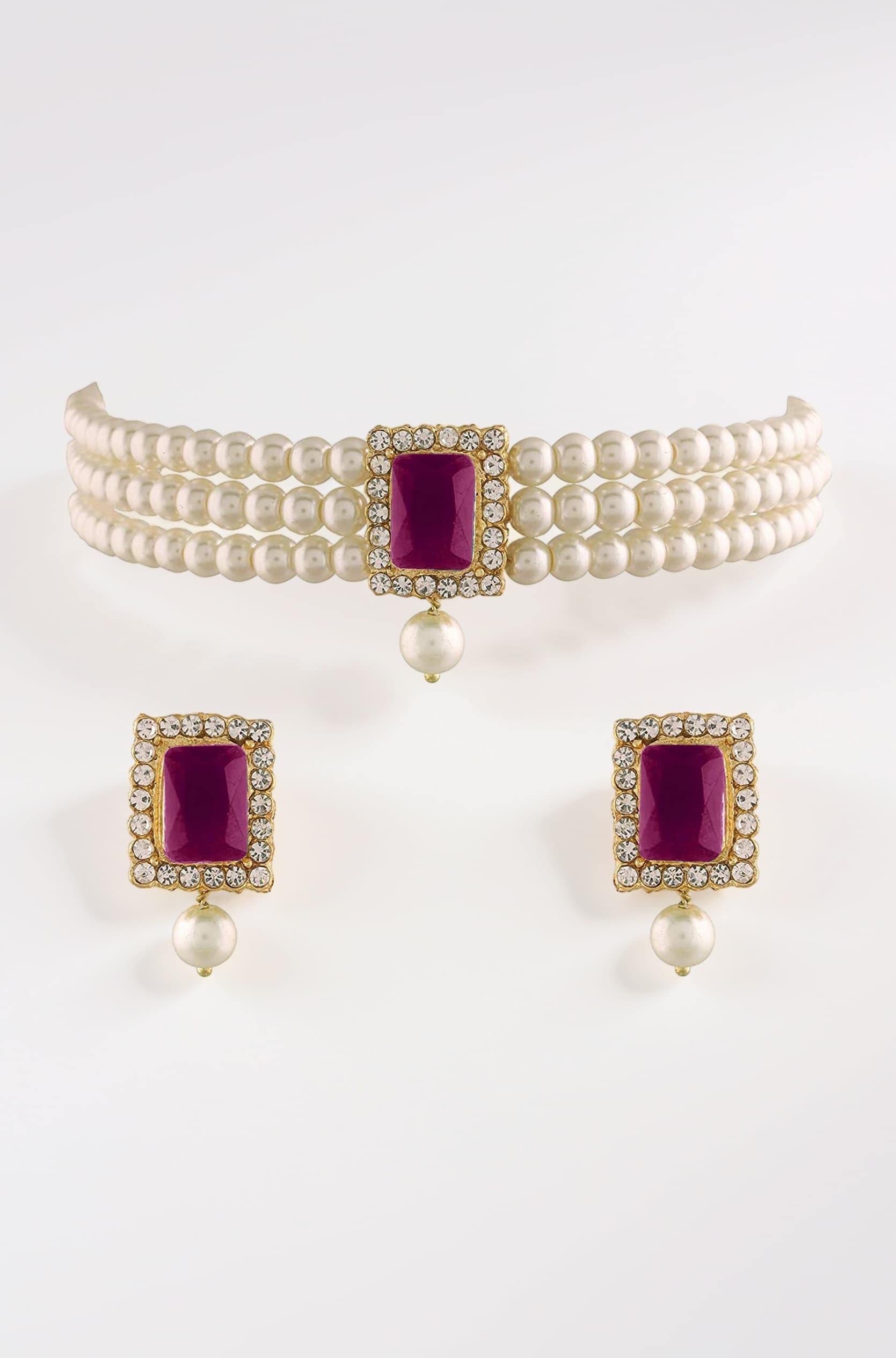 Gold Plated Traditional Stone Pearl Choker Necklace Jewellery Set For Women