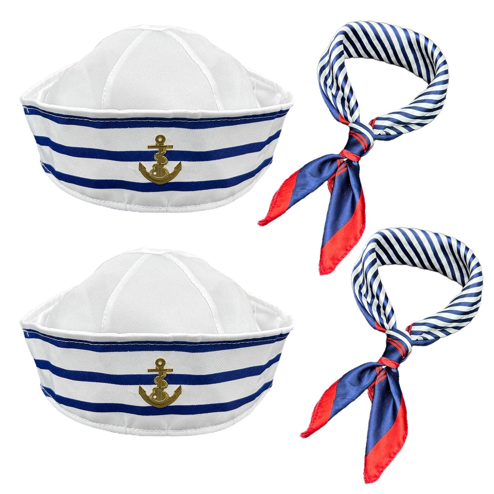 Captain Sailor Costume Set, Striped Sailor Hat and Scarf Set, Sailor Ship Cap, One Size, Marine Outfit, Fancy Dress Party for Men and Women, Costume Accessories