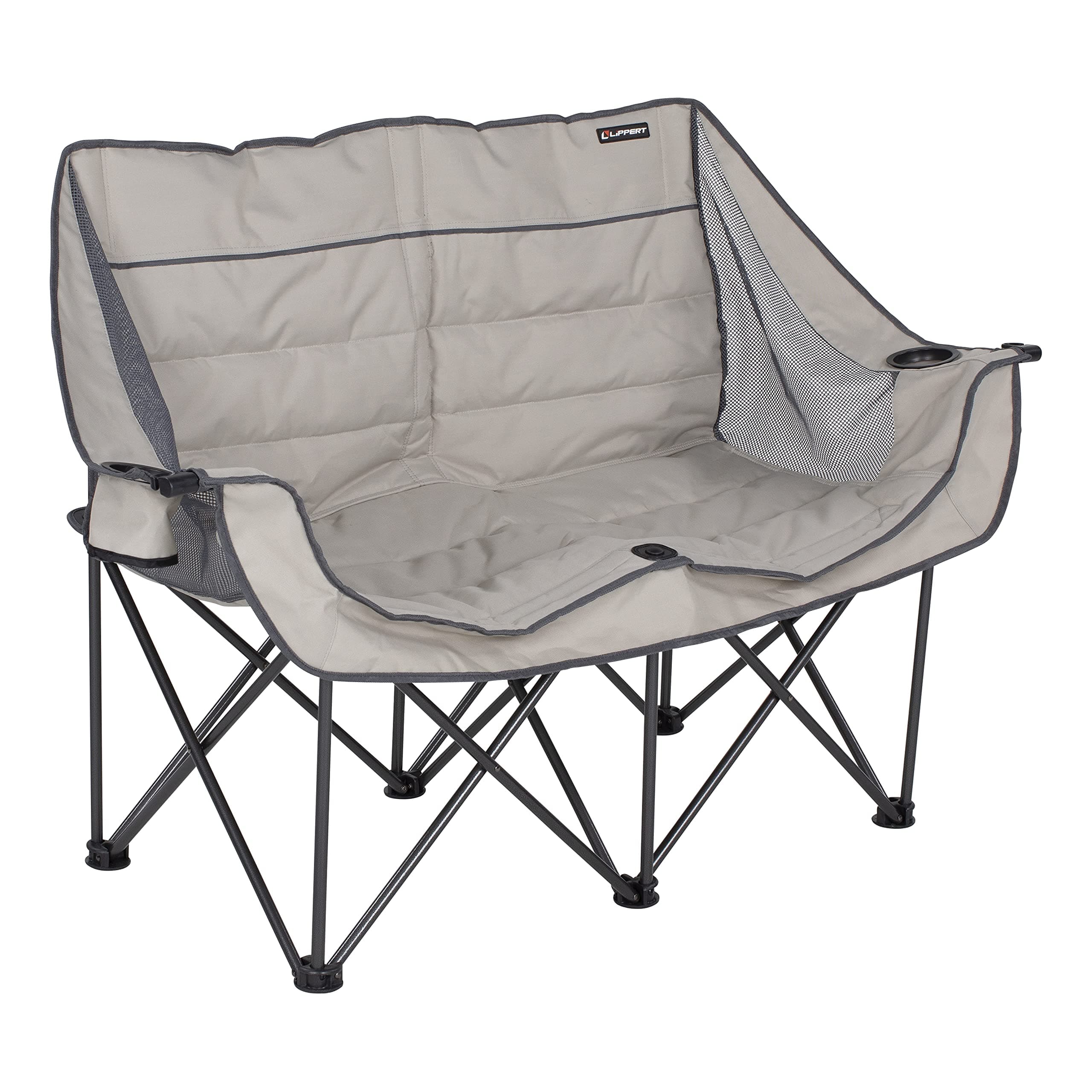 Lippert Campfire Folding Loveseat with 500-lb. Weight Capacity, Carry Bag, Durable Mesh Fabrics, High-Loft Cushioning, Storage Pocket, Dual Cupholders, Stemmed Wine Glass Holder (Sand) - 2021000205