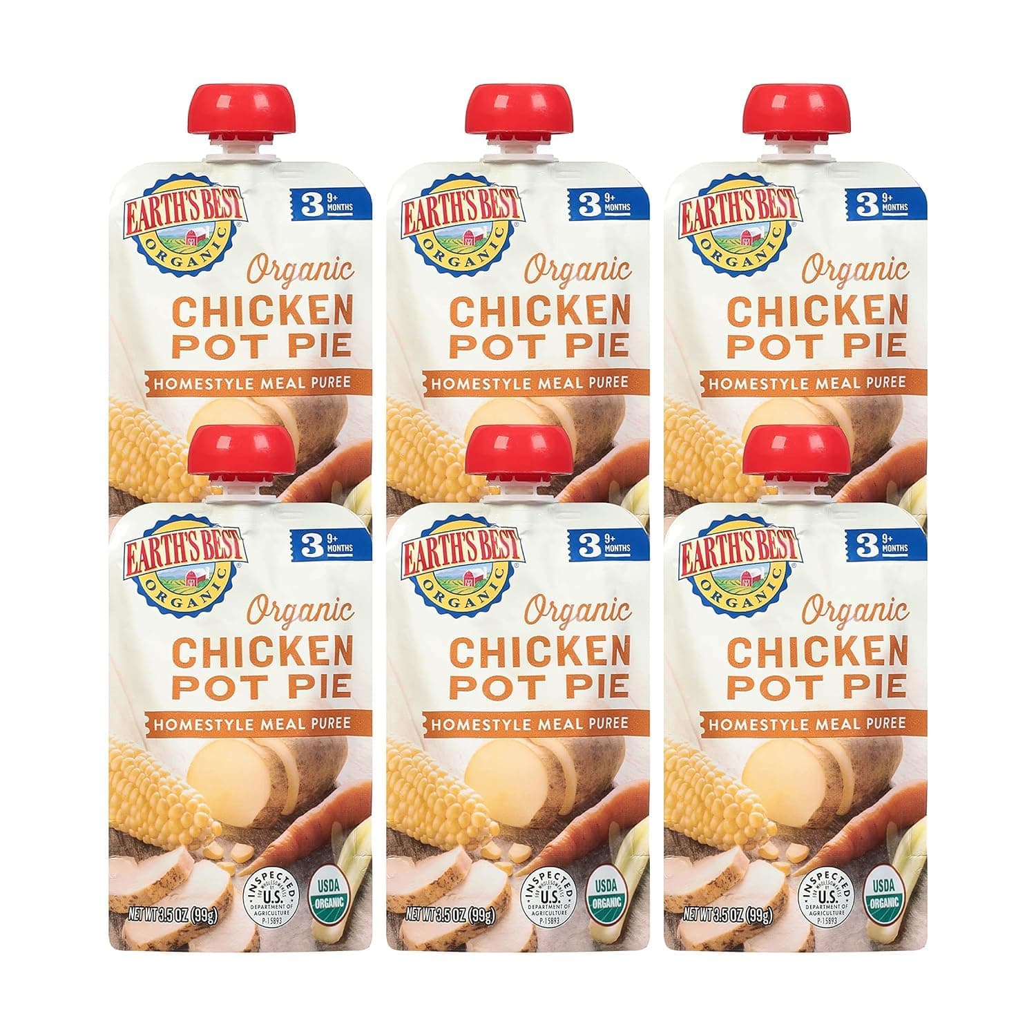Earth's Best Organic Baby Food Pouches, Stage 3 Homestyle Meal Puree for Babies 9 Months and Older, Organic Chicken Pot Pie Puree, 3.5 oz Resealable Pouch (Pack of 6)