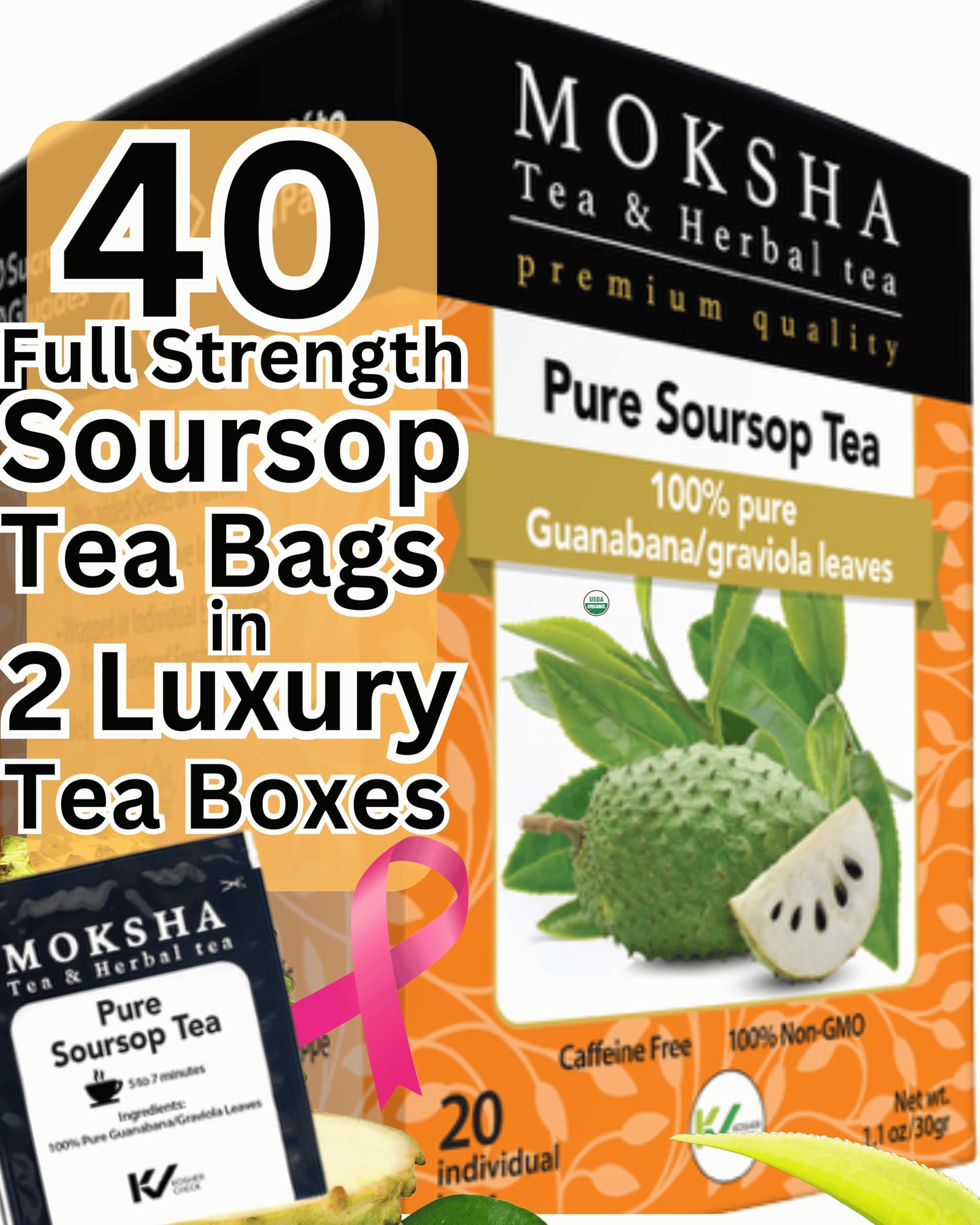 Pure Soursop Tea made with Pure Graviola Leaf- Guanabana Leaves- 40 Tea Bags Moksha Ayurveda (pack of 2)