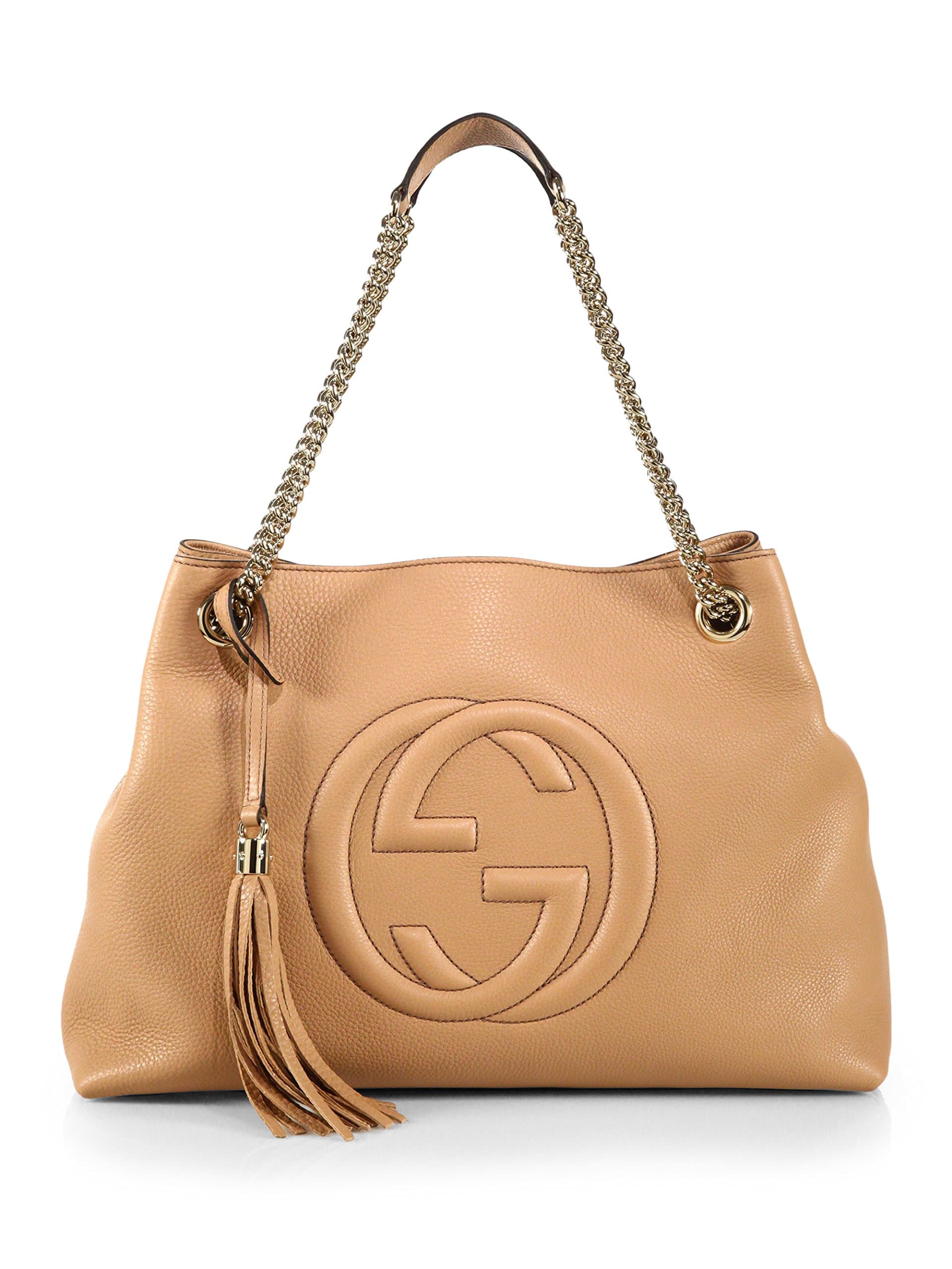 GucciCamelia Camel Pebbled Leather Soho Shoulder Hand Bag Tassel