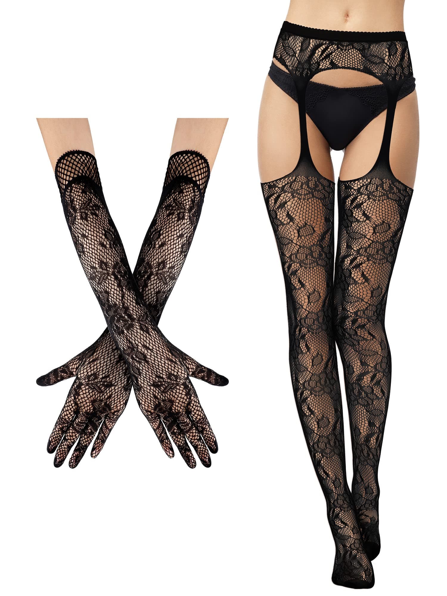 2 Pcs Lace Fishnet Stockings Tights Floral Gloves Black Suspender Pantyhose Long Gloves for Women Halloween Cosplay
