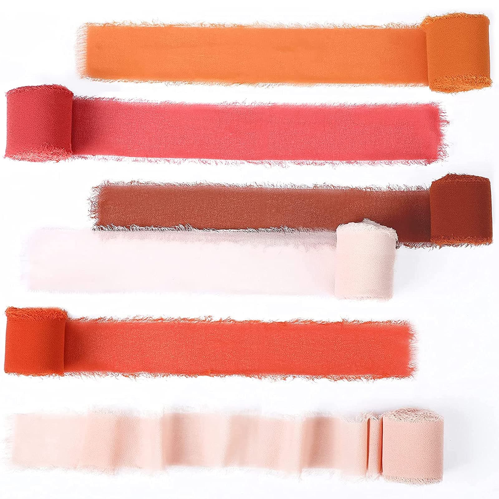 Chuangdi 6 Rolls Terracotta Chiffon Ribbon 1.5 Inch x 5.5 Yard Boho Handmade Fringe Ribbon for Christmas, Wedding Invitation, Bridal Bouquet, Gift Wrapping, DIY Craft