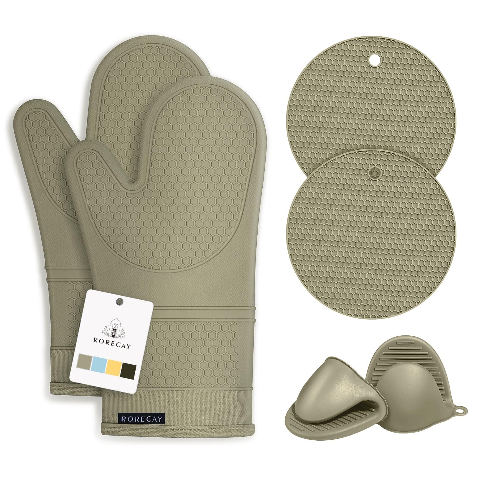 Rorecay 6pcs Oven Mitts and Pot Holders Sets Heat Resistant 500 Degrees, Extra Long Silicone Oven Gloves Non-Slip Potholders Hot Pads for Kitchen Baking Cooking, Quilted Liner, Martini Olive