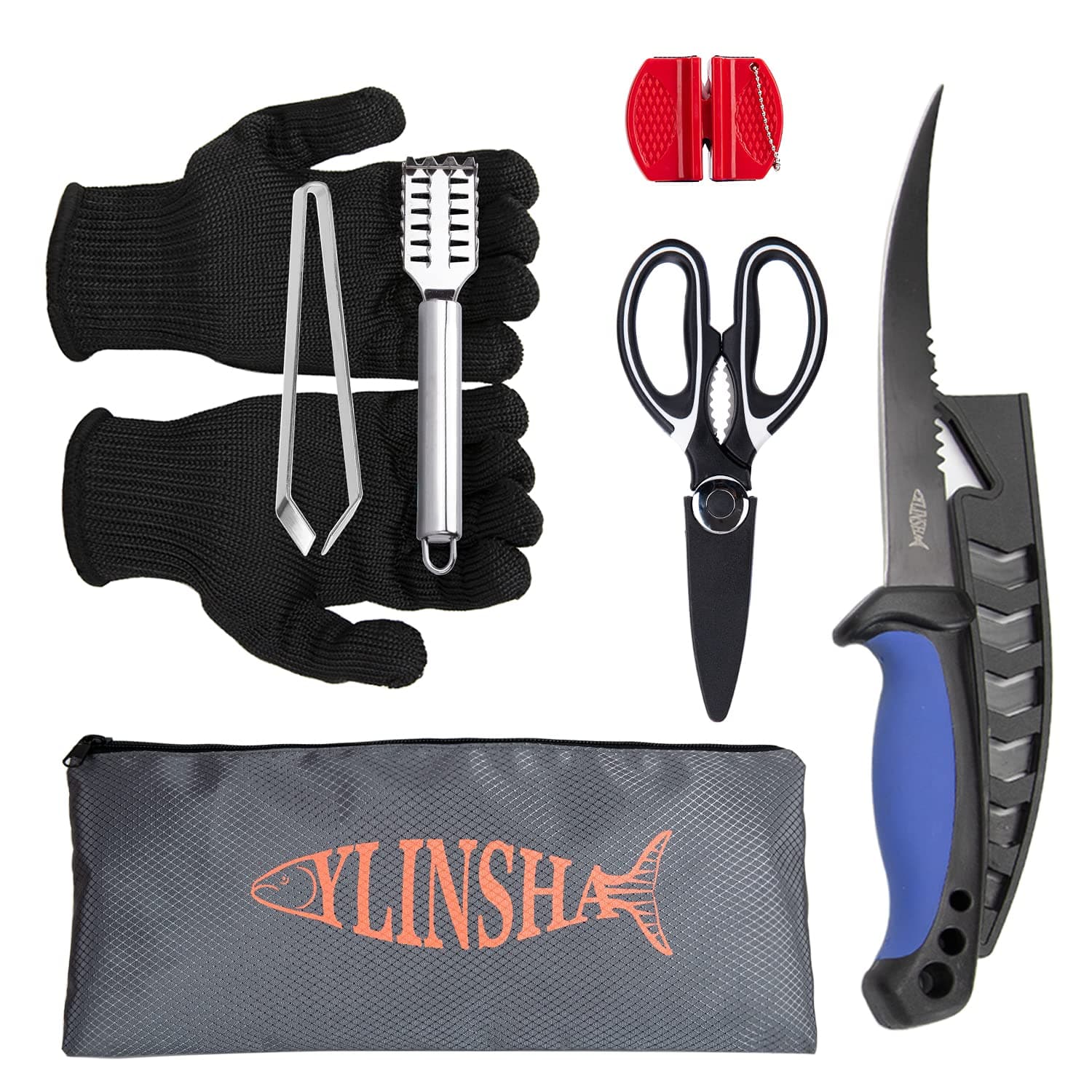 YLINSHAFishing Knife,Fish Cleaning Kit 7 PC set Fish Knife, Fish Scale Cleaning Brush, multi-functional Scissors, anti-cutting Gloves, Fishbone Tweezers, storage Bag