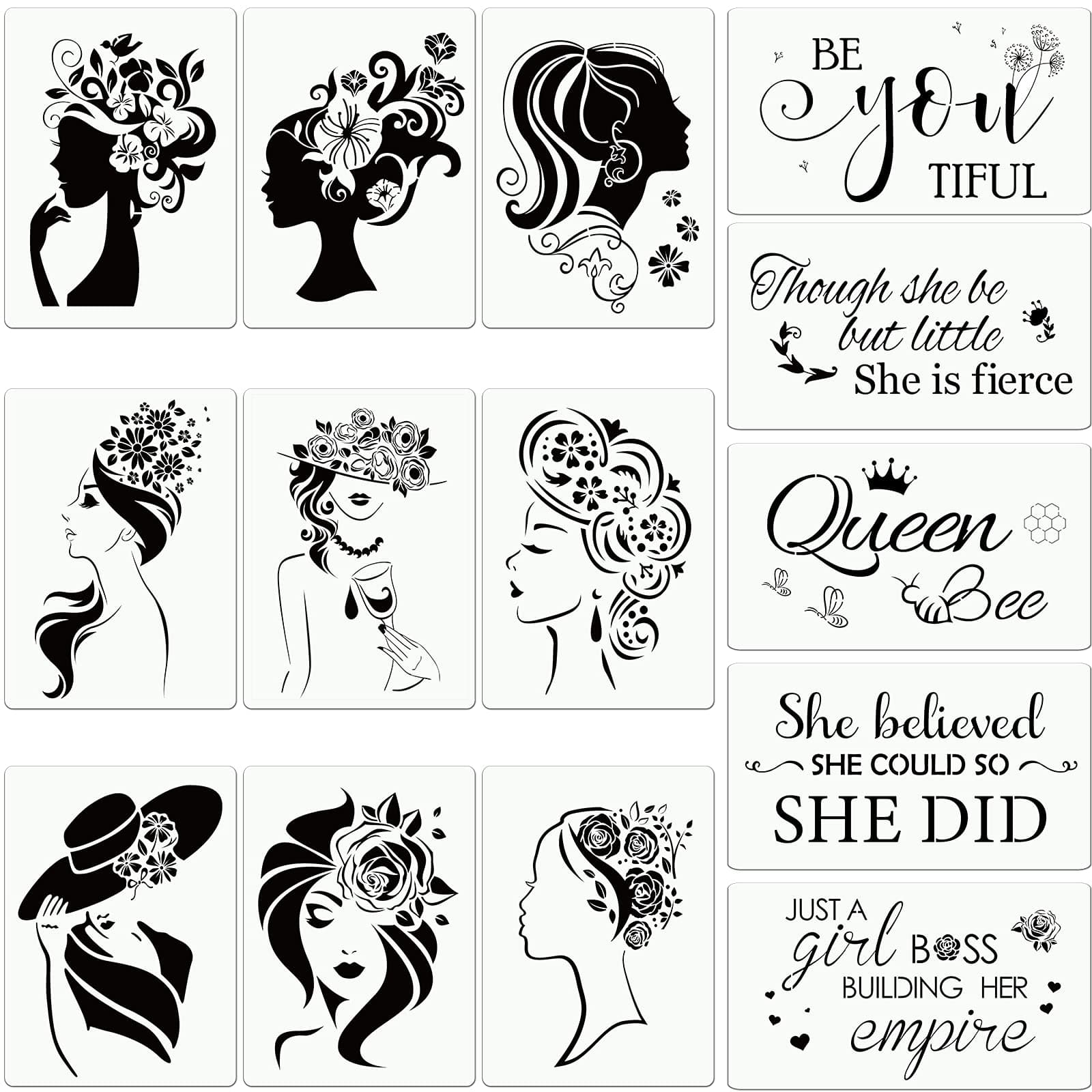 Censen 14 Pcs Painting Stencils Canvas Stencils Reusable Women Face Painting Stencil on Canvas Art Stencil Paper Inspirational Quote Craft Template on Wood Paper Home Tile Wall
