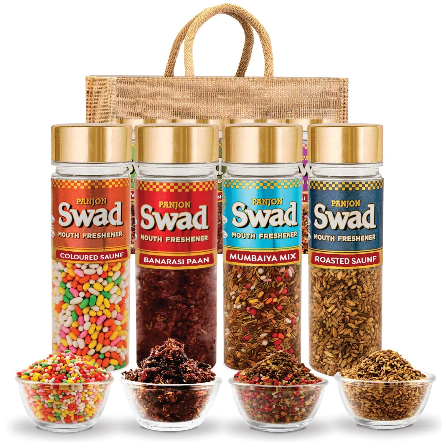 Panjon Swad After Meal Mouth Fresheners (Coloured Saunf, Mumbaiya, Banarasi Pan & Roasted Sauf Mukhwas) 100% Vegan & Gluten-free Indian Snack | Combo Gift Pack of 4, Jute Gift Set