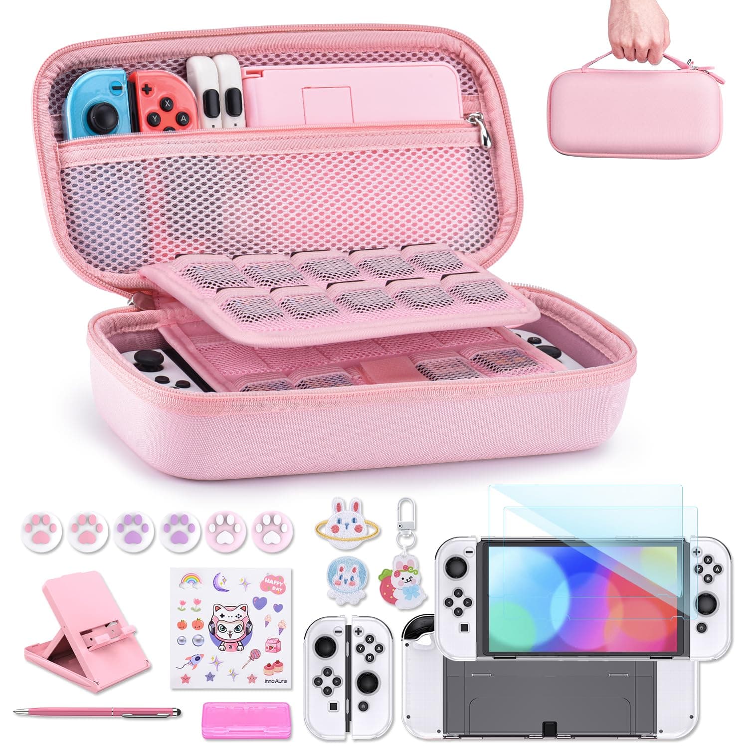 Switch OLED Accessories Bundle- innoAura 18 in 1 Switch Bundle with NS Switch Case, Switch Game Case, NS Switch OLED Screen Protector, Switch Stand, Switch Thumb Grips (Pink)