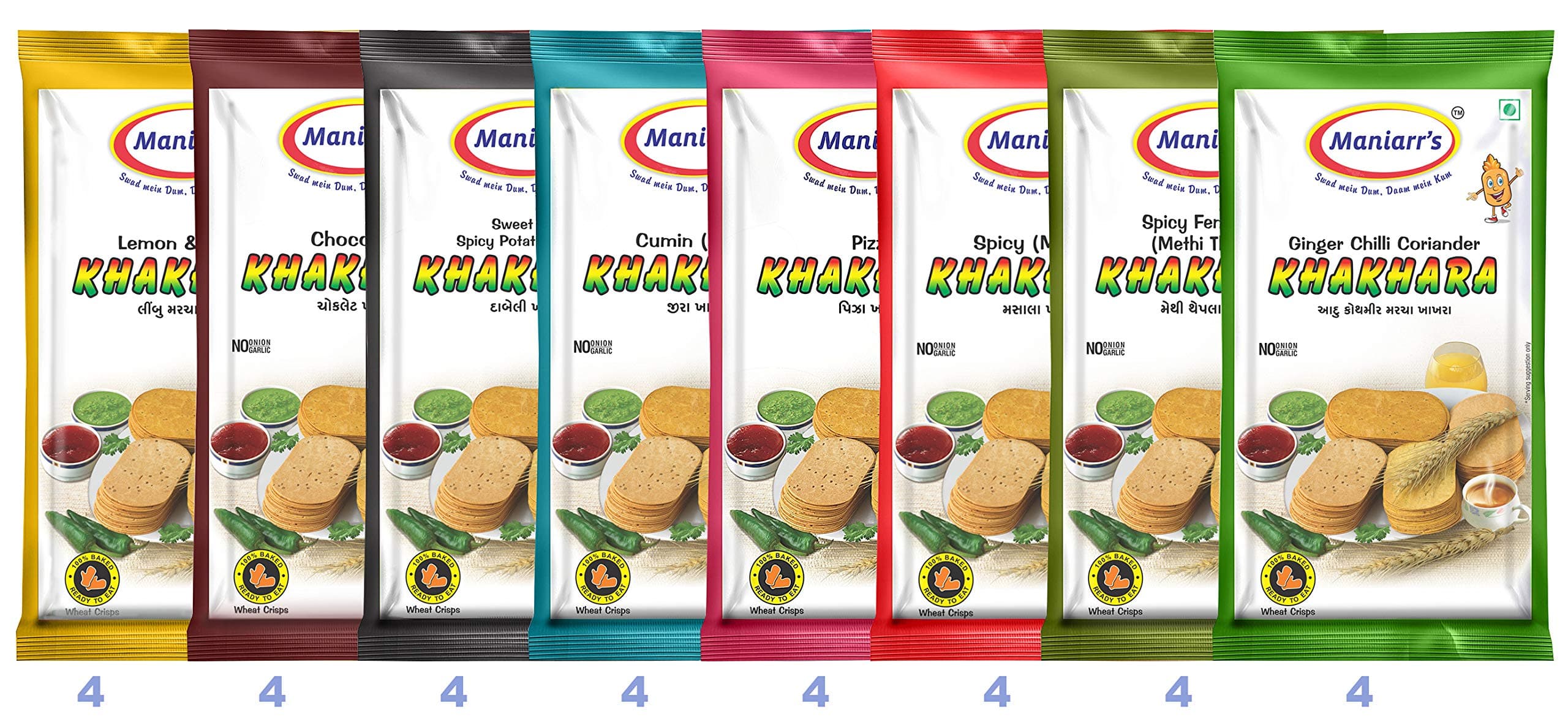 Maniarrs Khakhara Snacks with 8 Flavours, 1.4 kg -Pack of 32